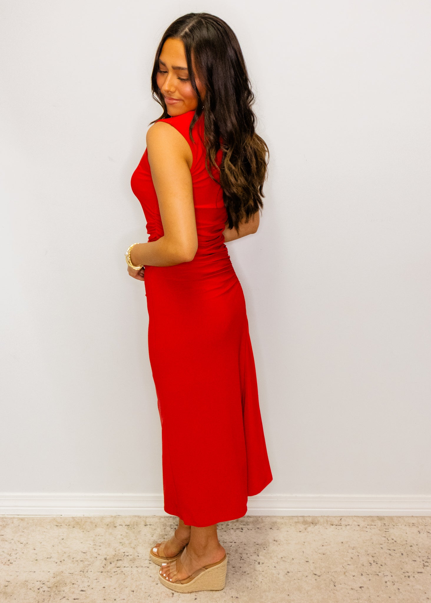Red Fitted Ruched Midi Dress