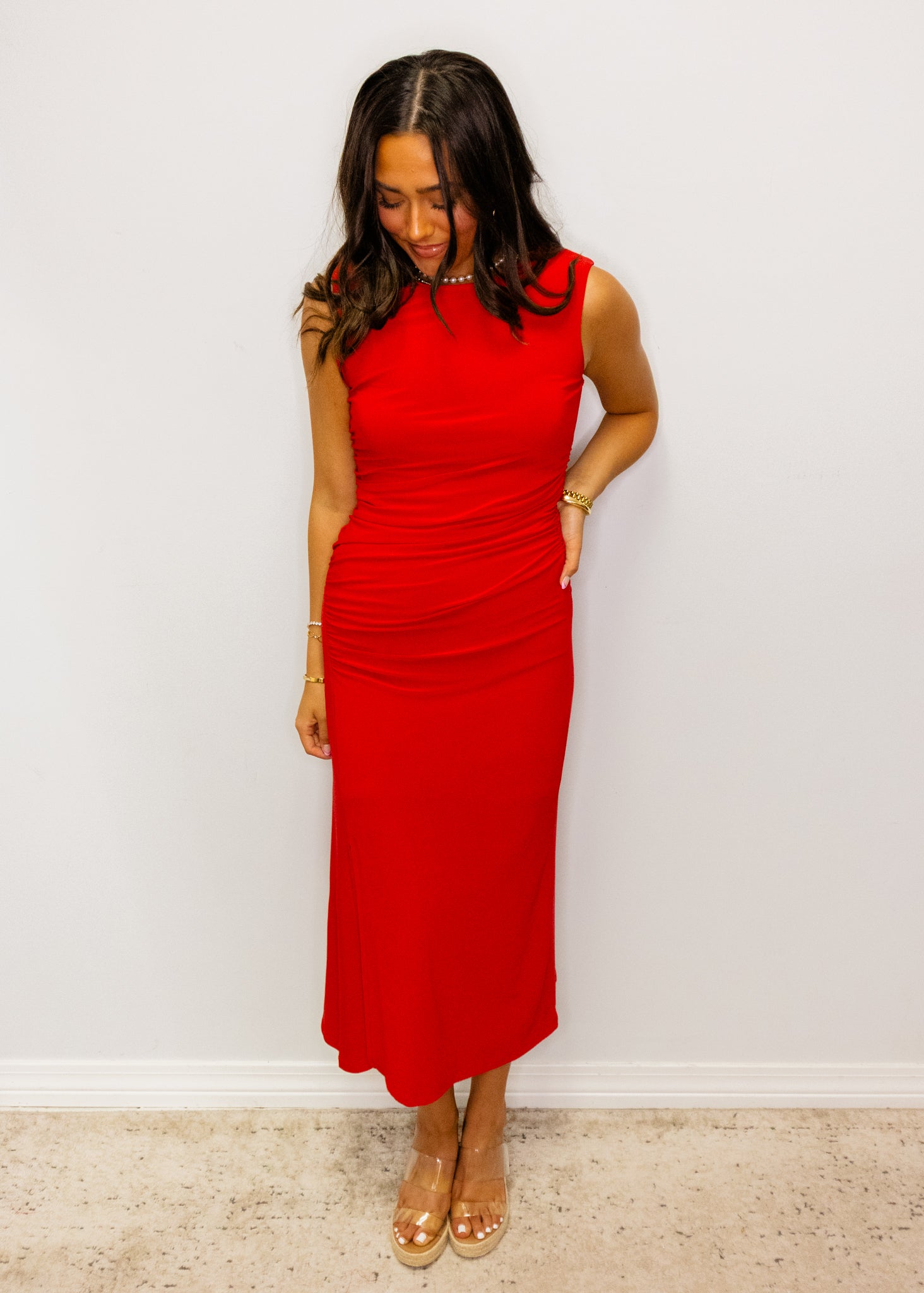 Red Fitted Ruched Midi Dress