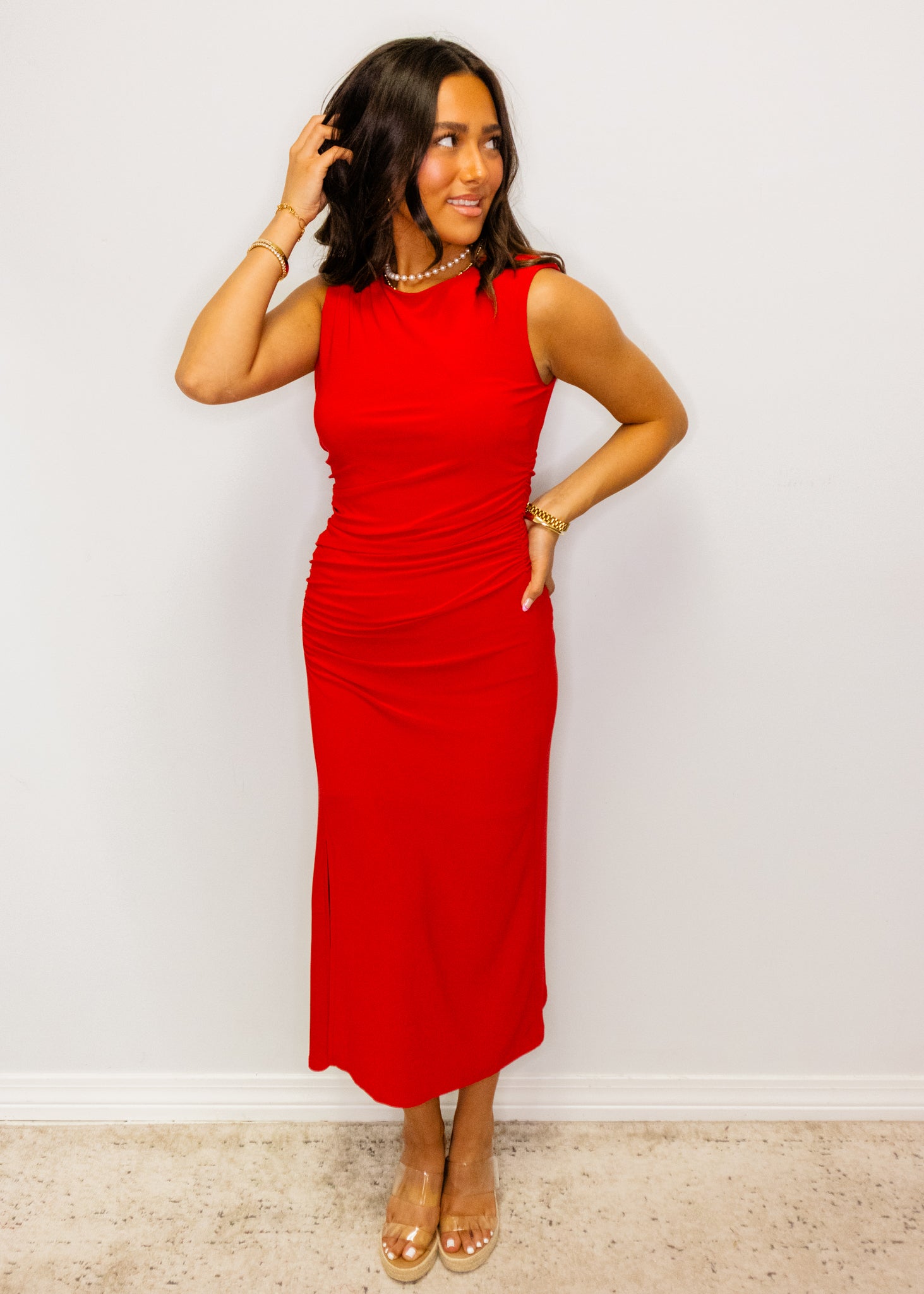 Red Fitted Ruched Midi Dress