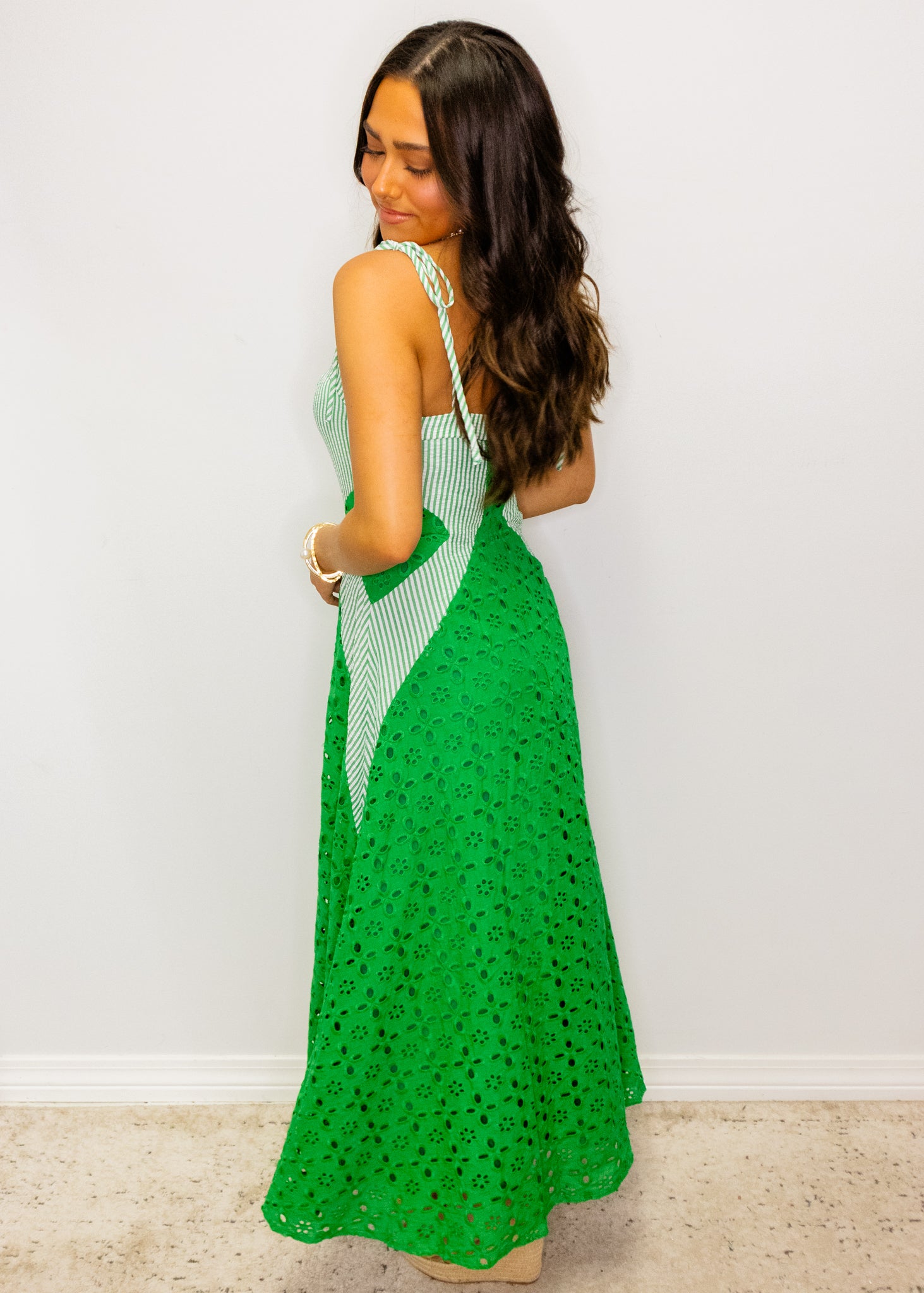 Green Eyelet Stripe Maxi Dress