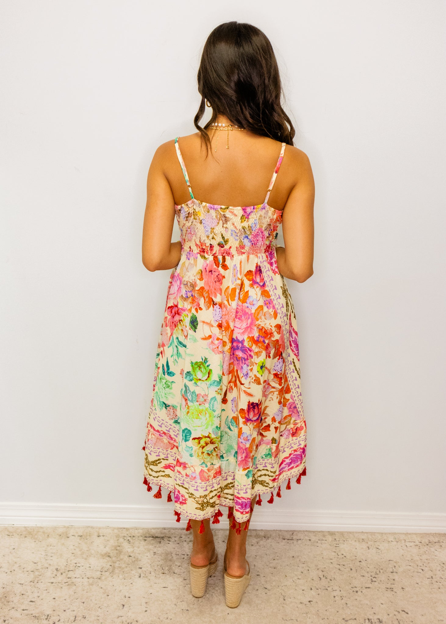 Cream Multi Floral Tassel Dress