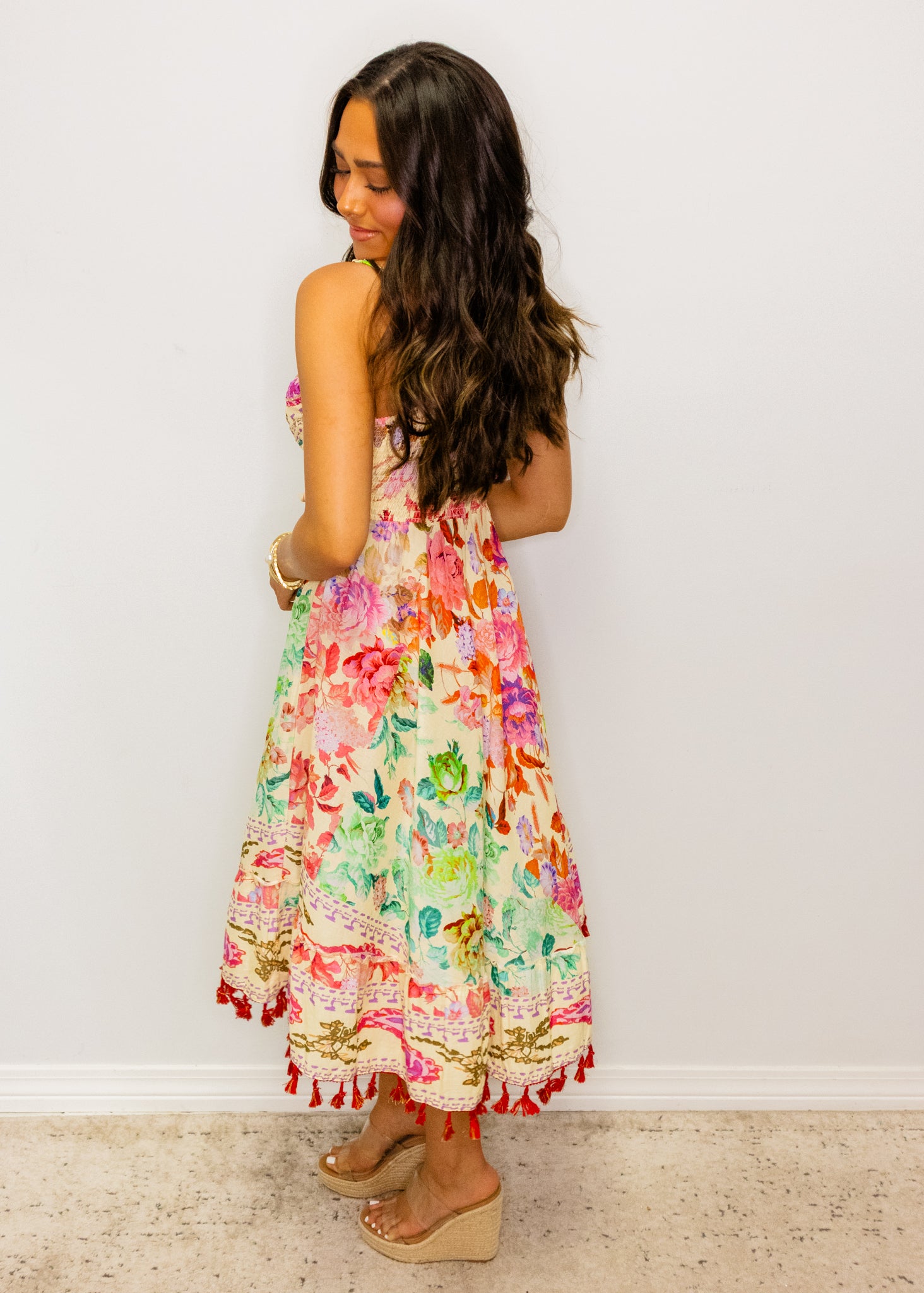 Cream Multi Floral Tassel Dress