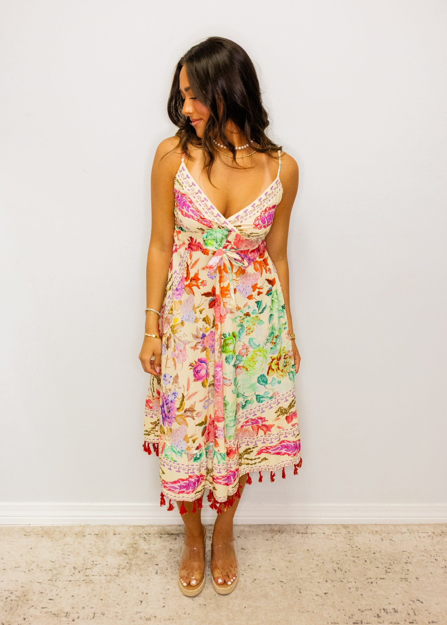 Cream Multi Floral Tassel Dress Small