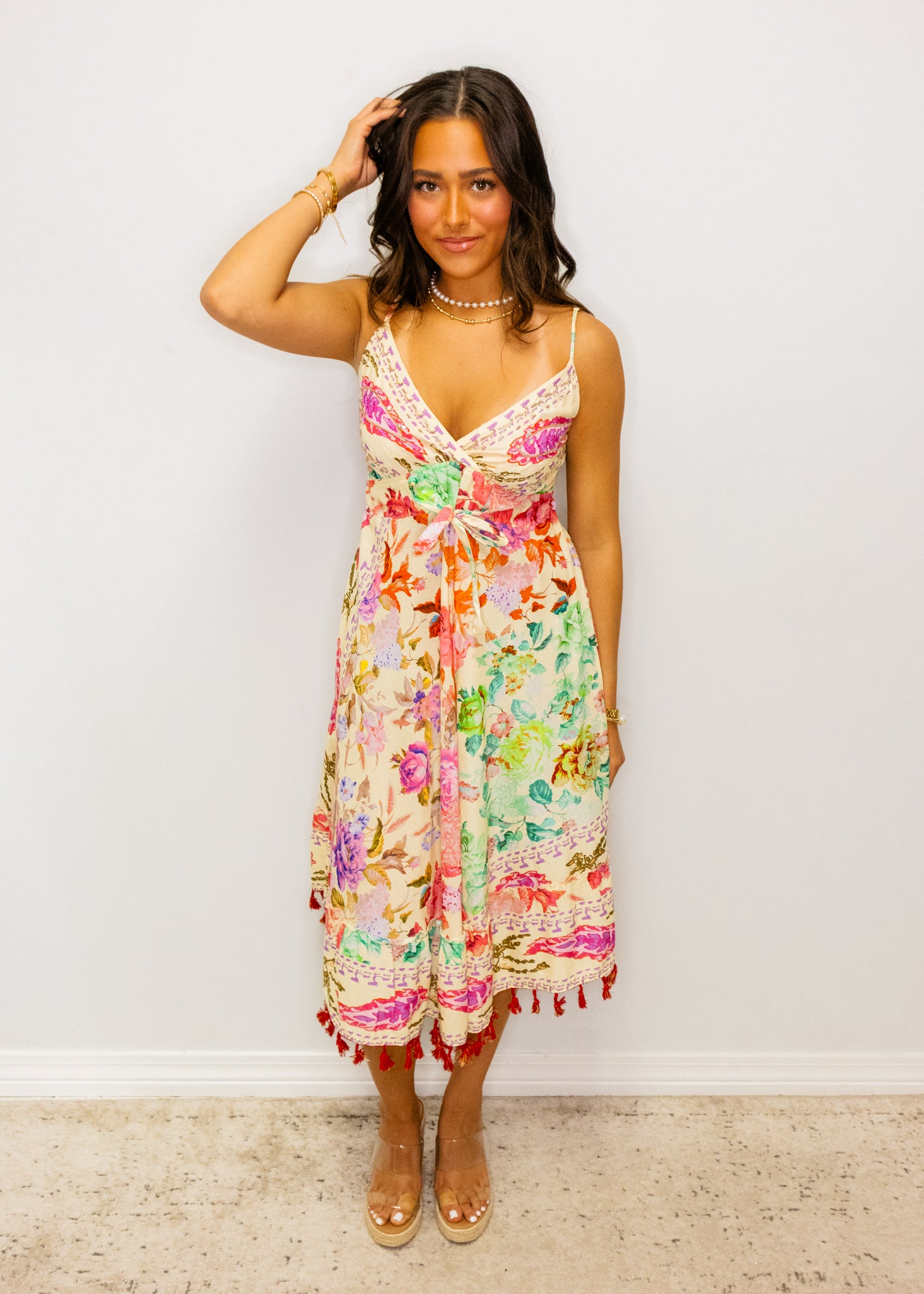 Cream Multi Floral Tassel Dress