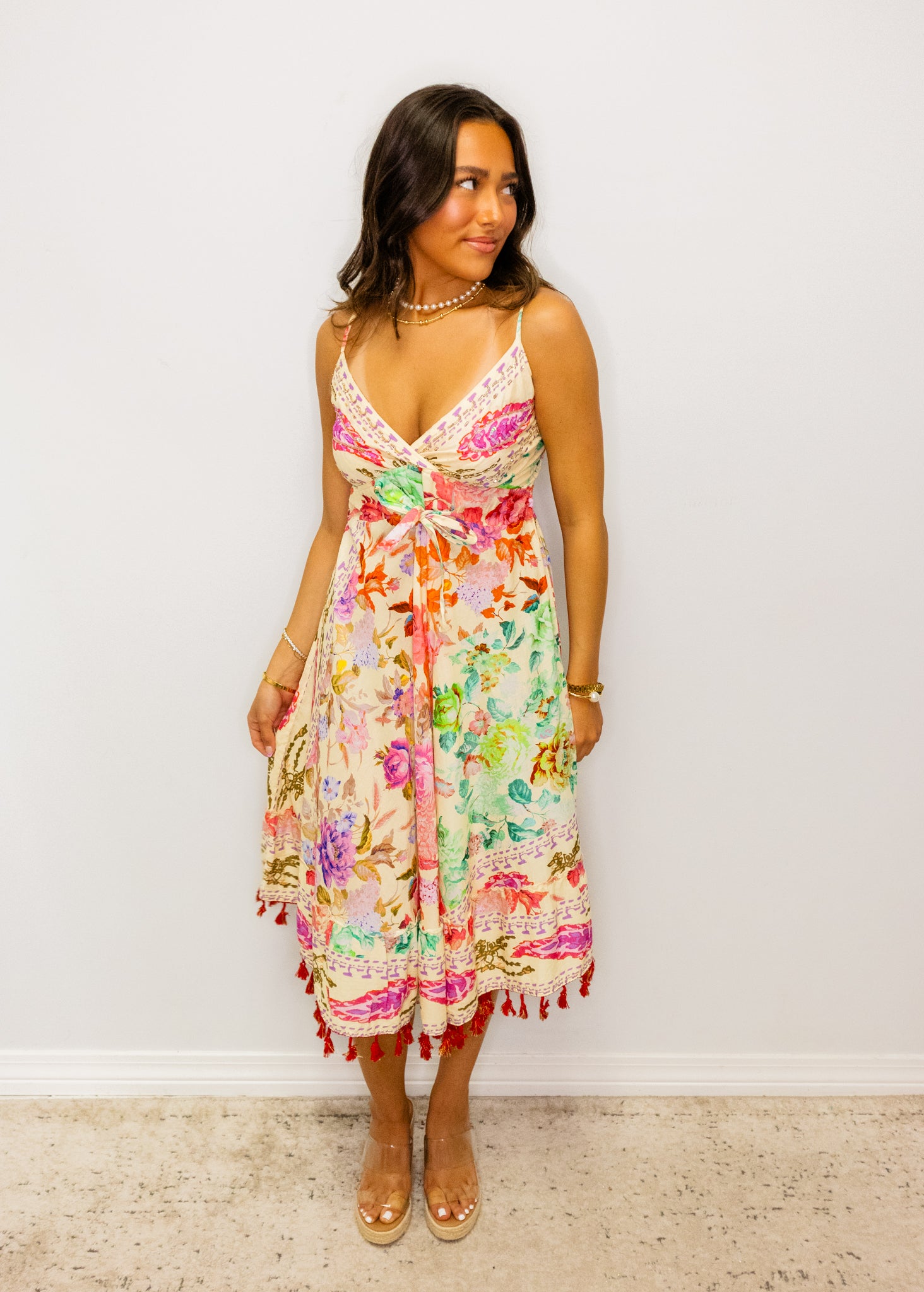 Cream Multi Floral Tassel Dress