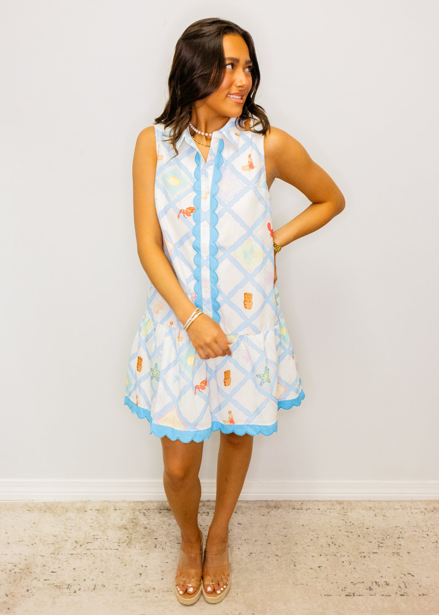 Blue Multi Button Up Collar Dress