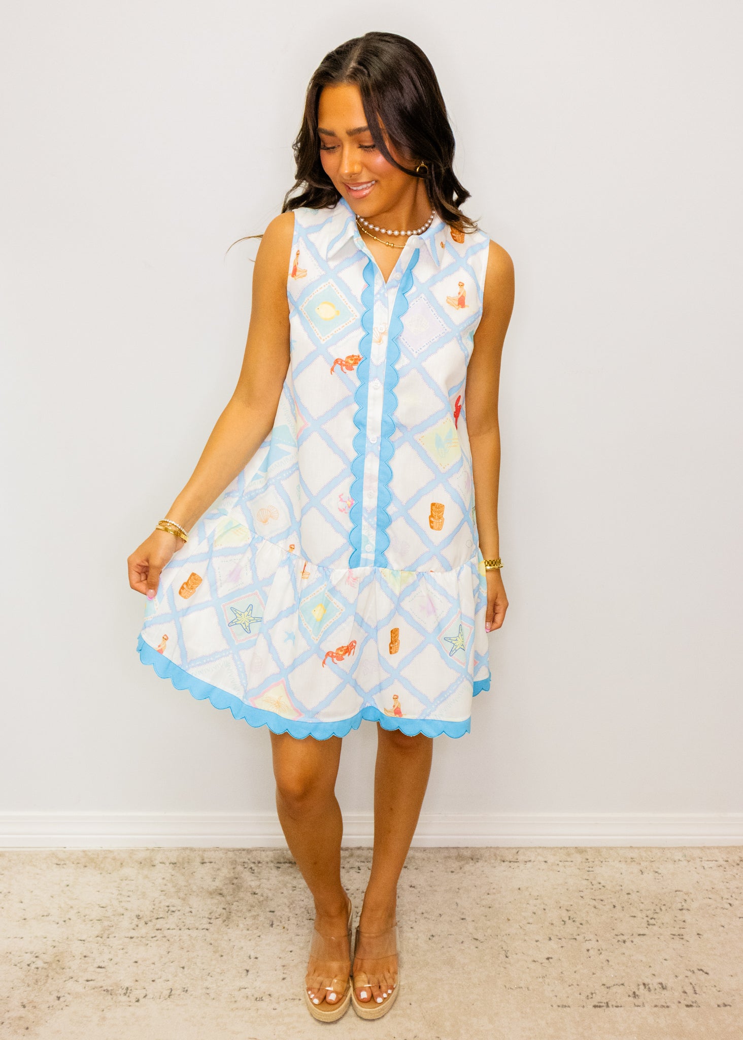 Blue Multi Button Up Collar Dress
