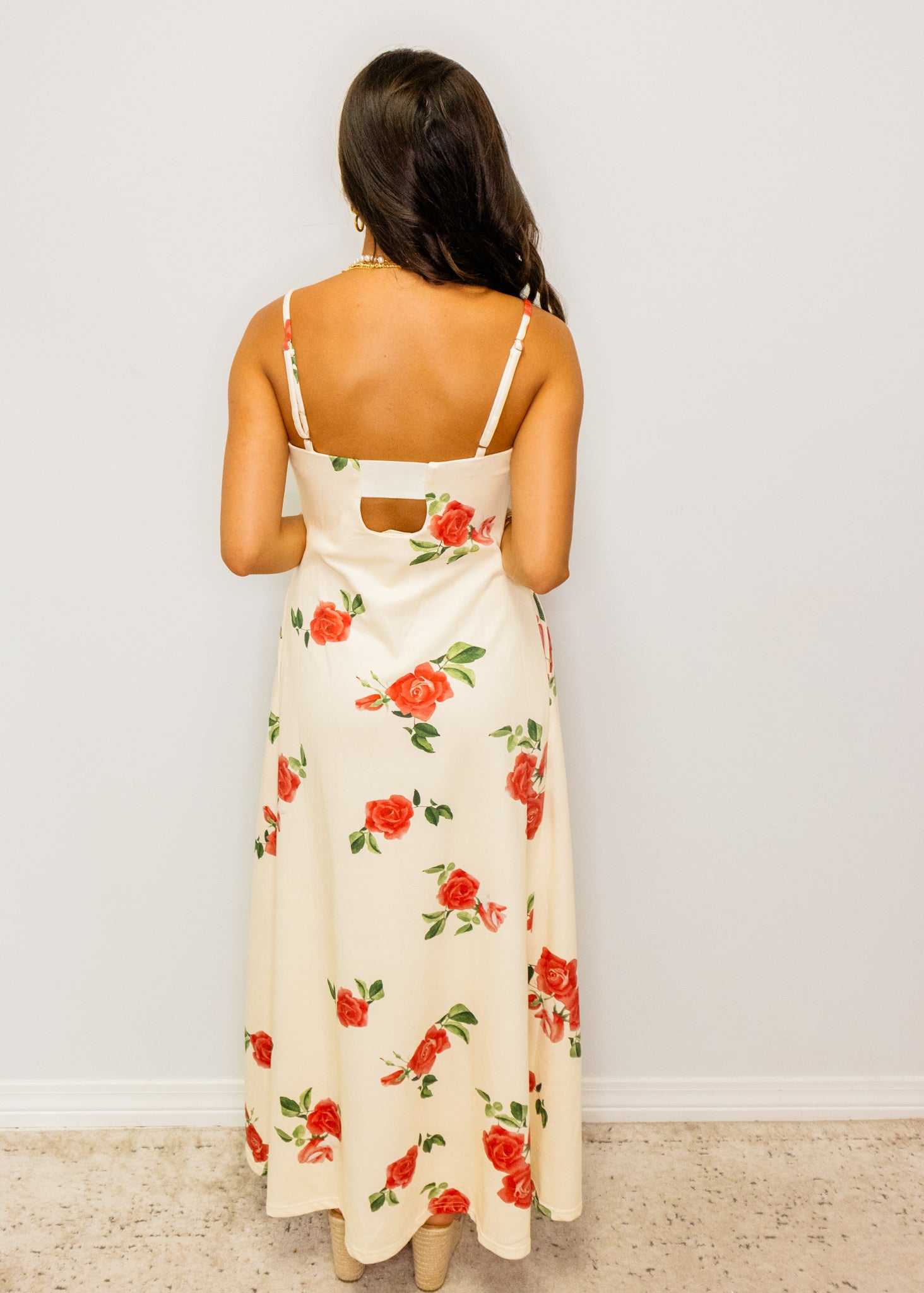 Cream Roses Print Midi Dress