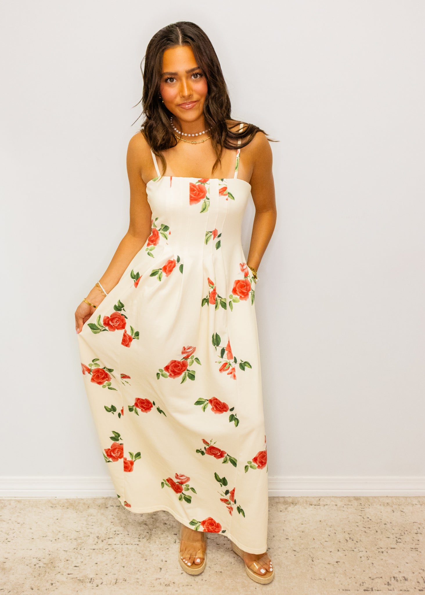 Cream Roses Print Midi Dress Medium