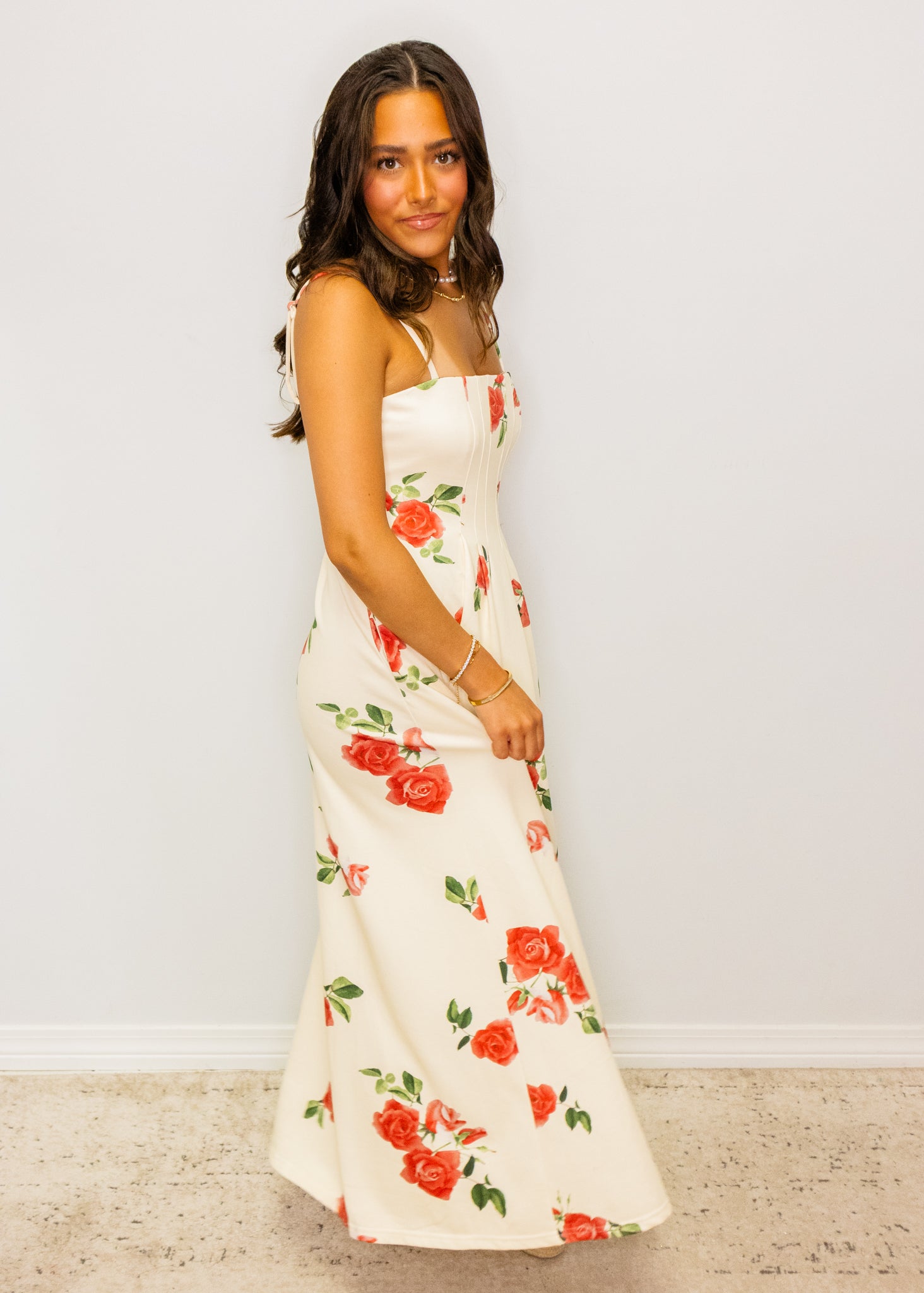 Cream Roses Print Midi Dress