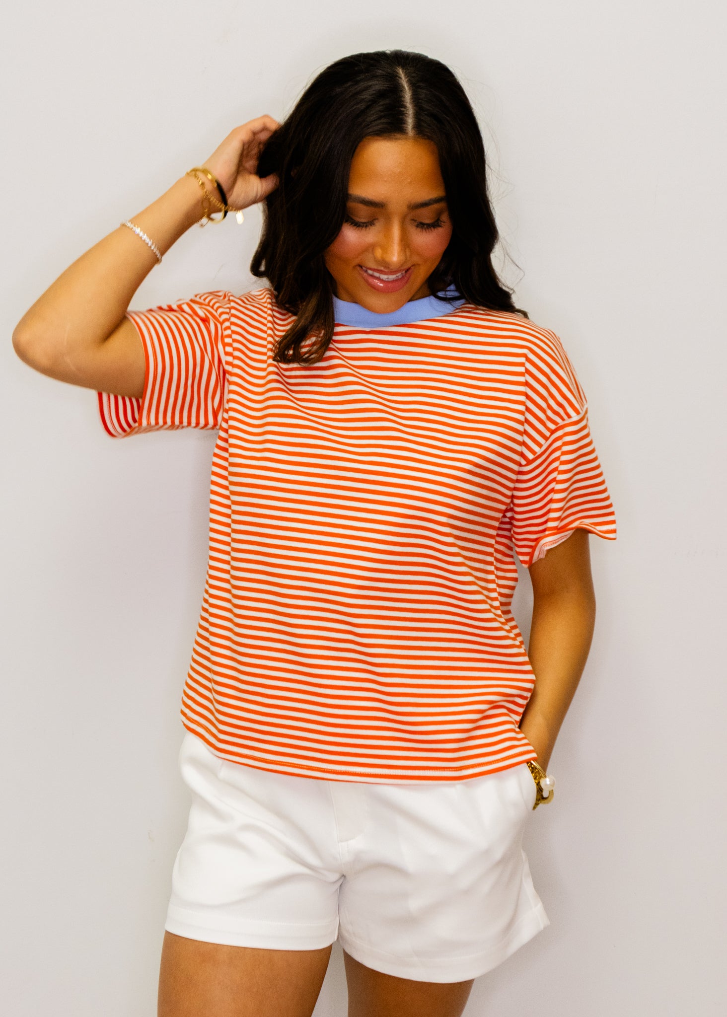 Orange Stripe Contrast Neck Tee