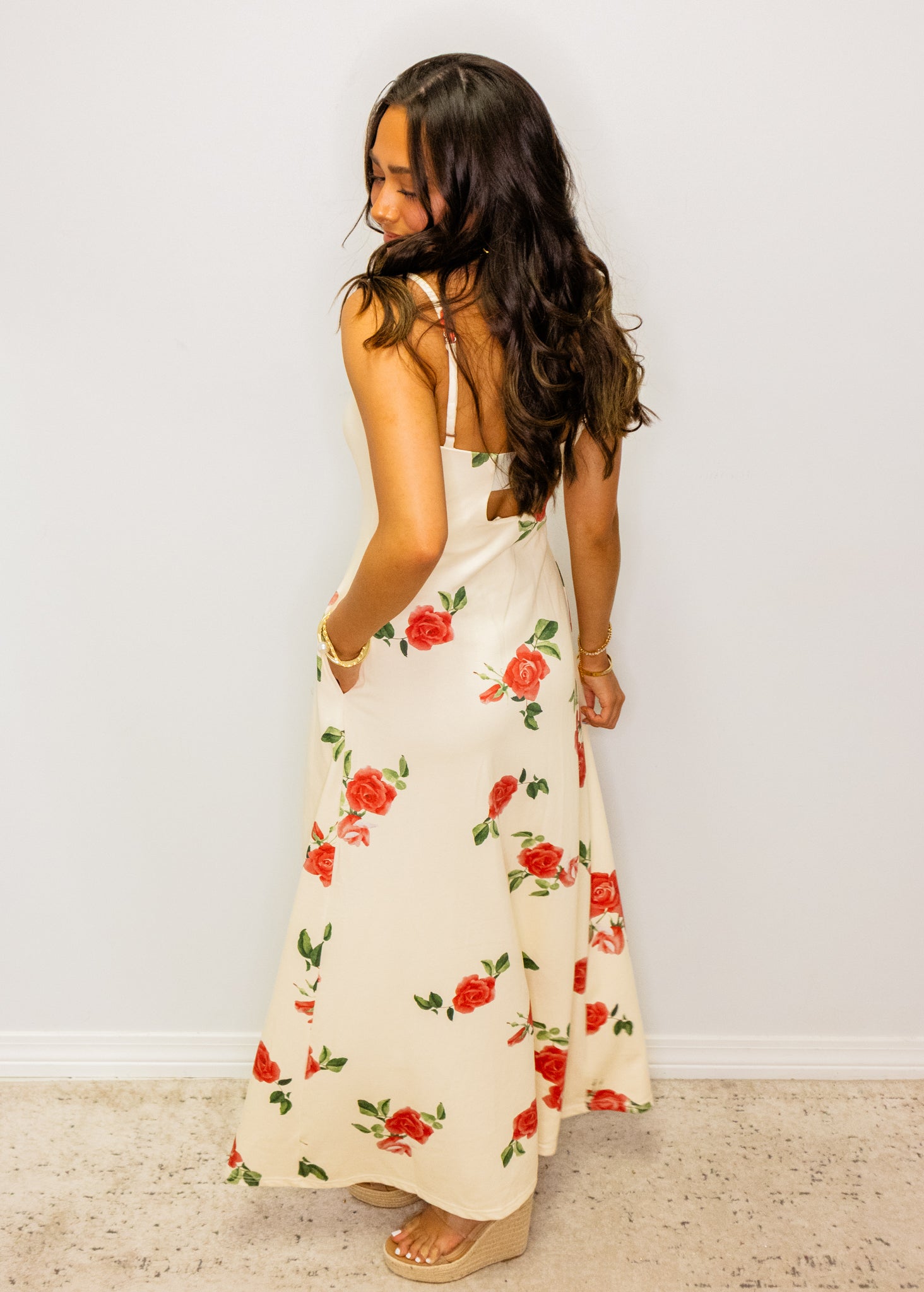 Cream Roses Print Midi Dress