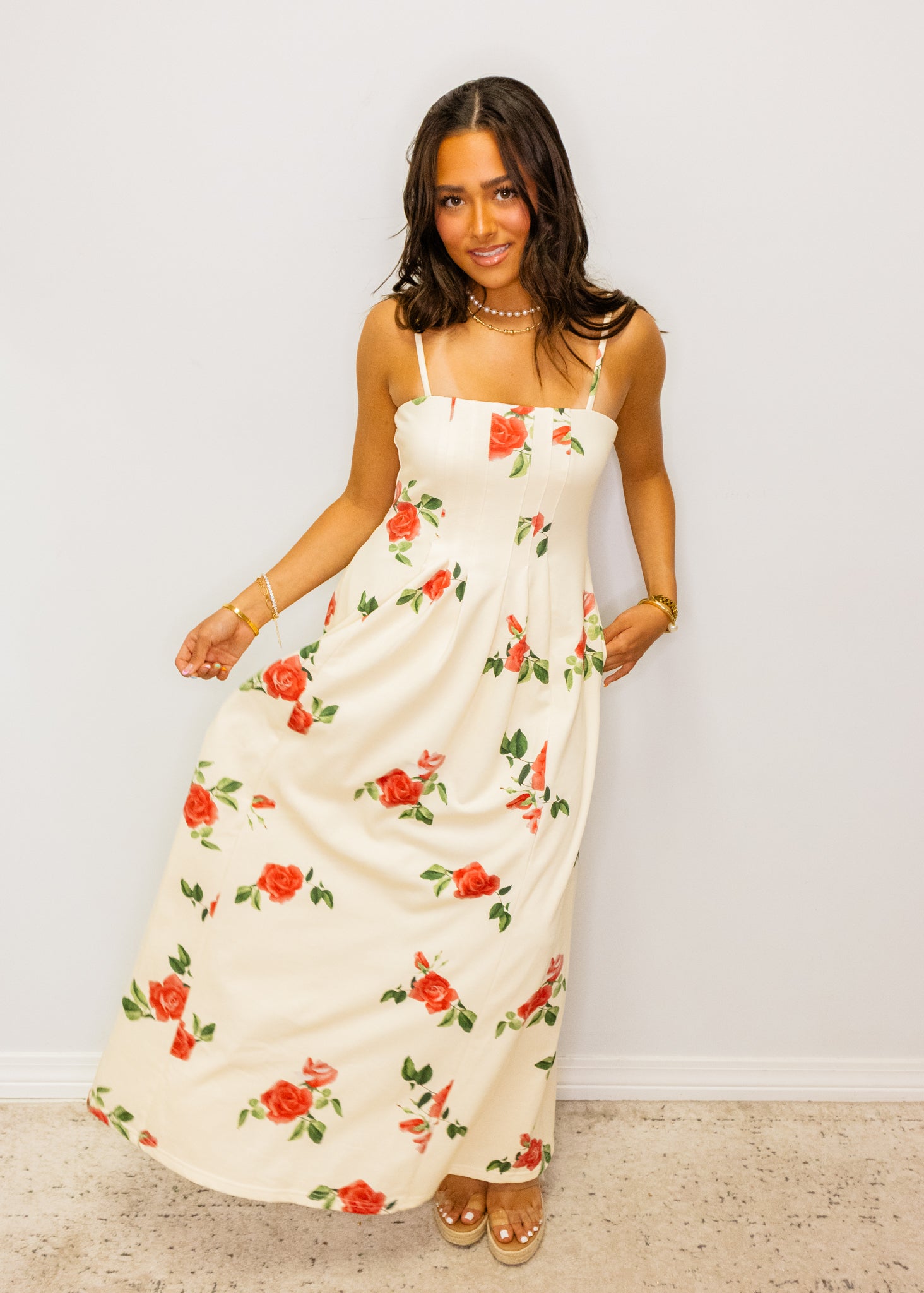 Cream Roses Print Midi Dress