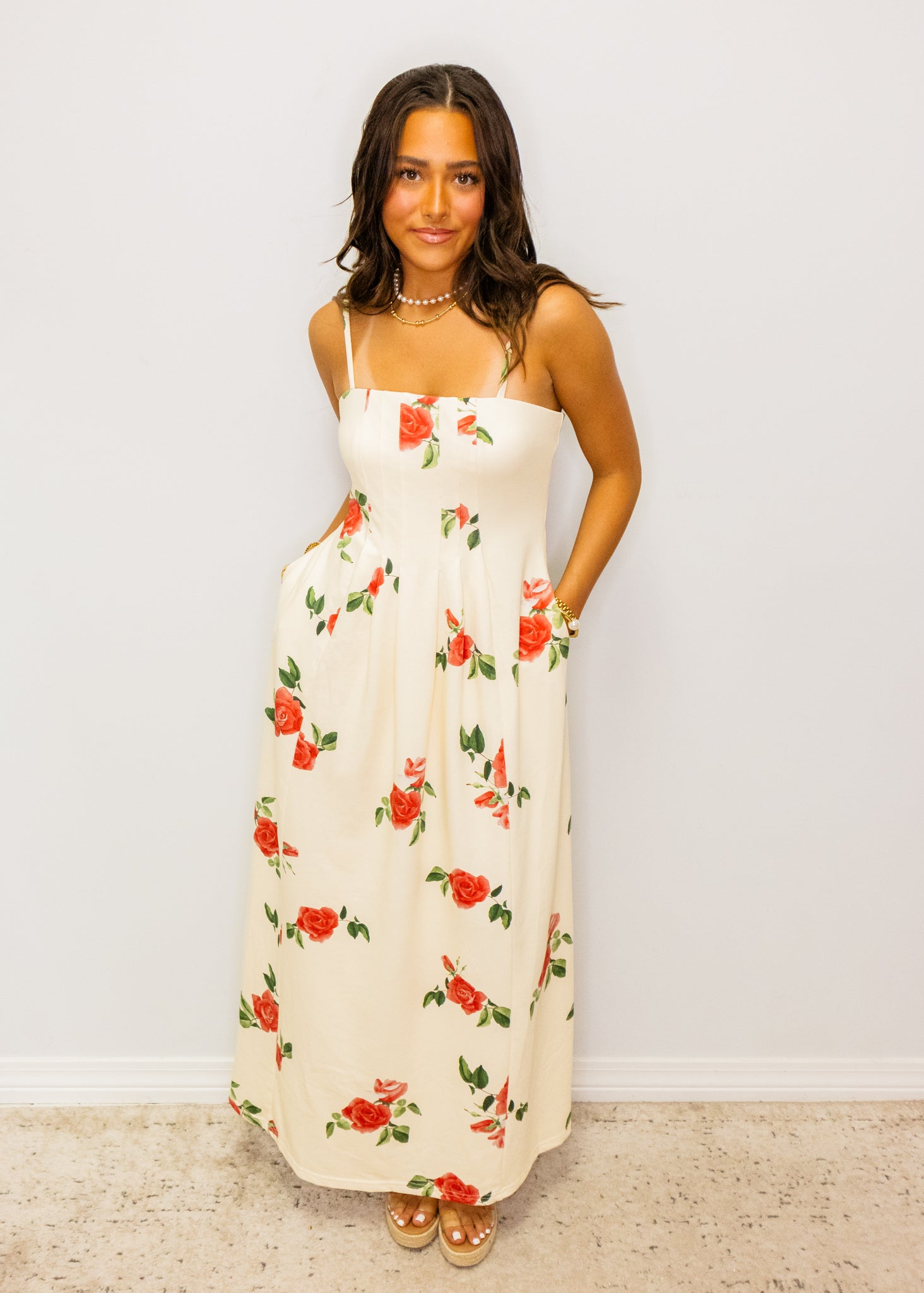 Cream Roses Print Midi Dress