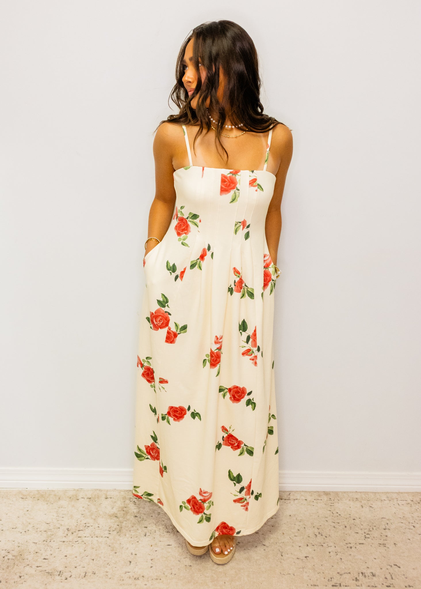 Cream Roses Print Midi Dress