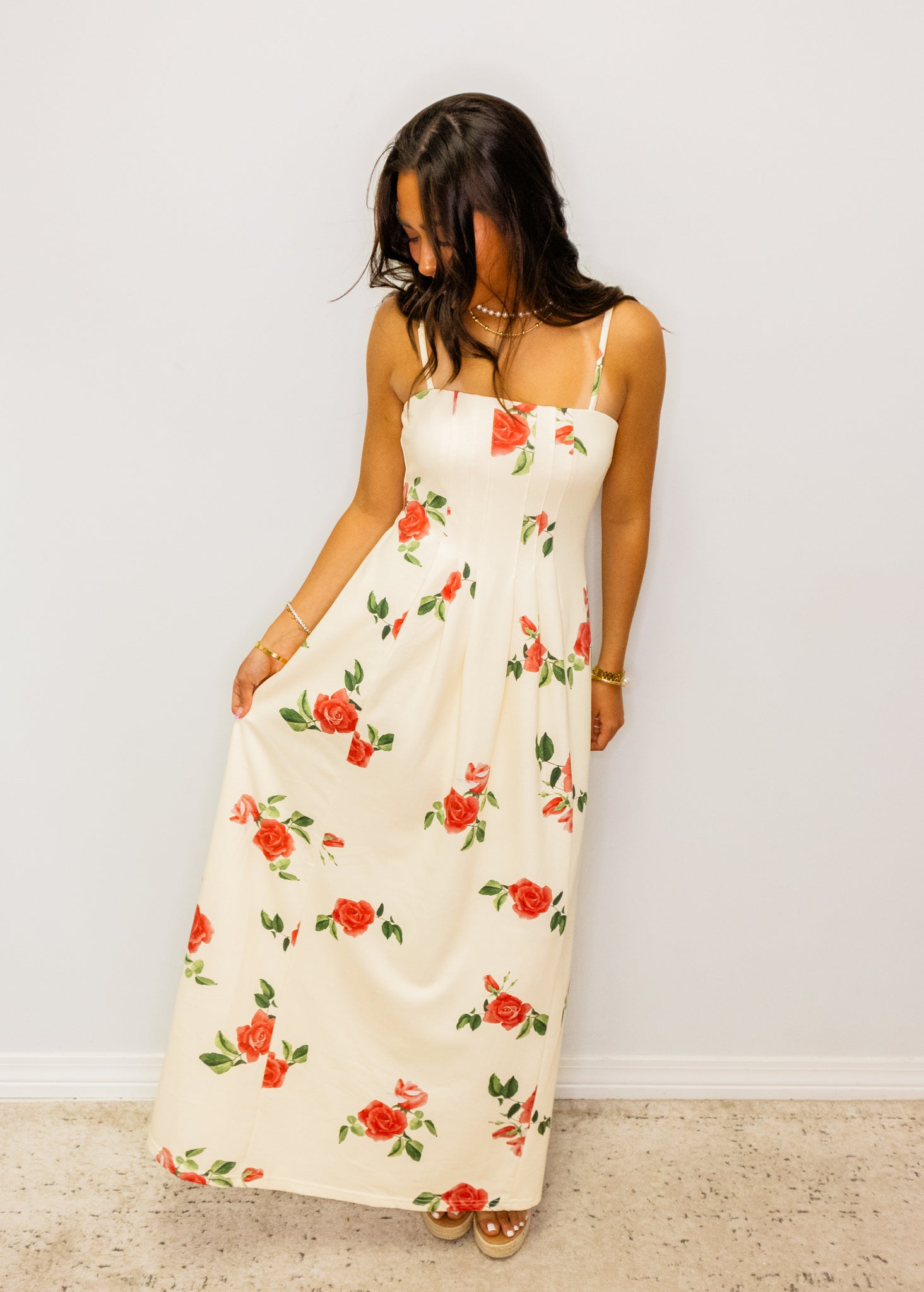 Cream Roses Print Midi Dress