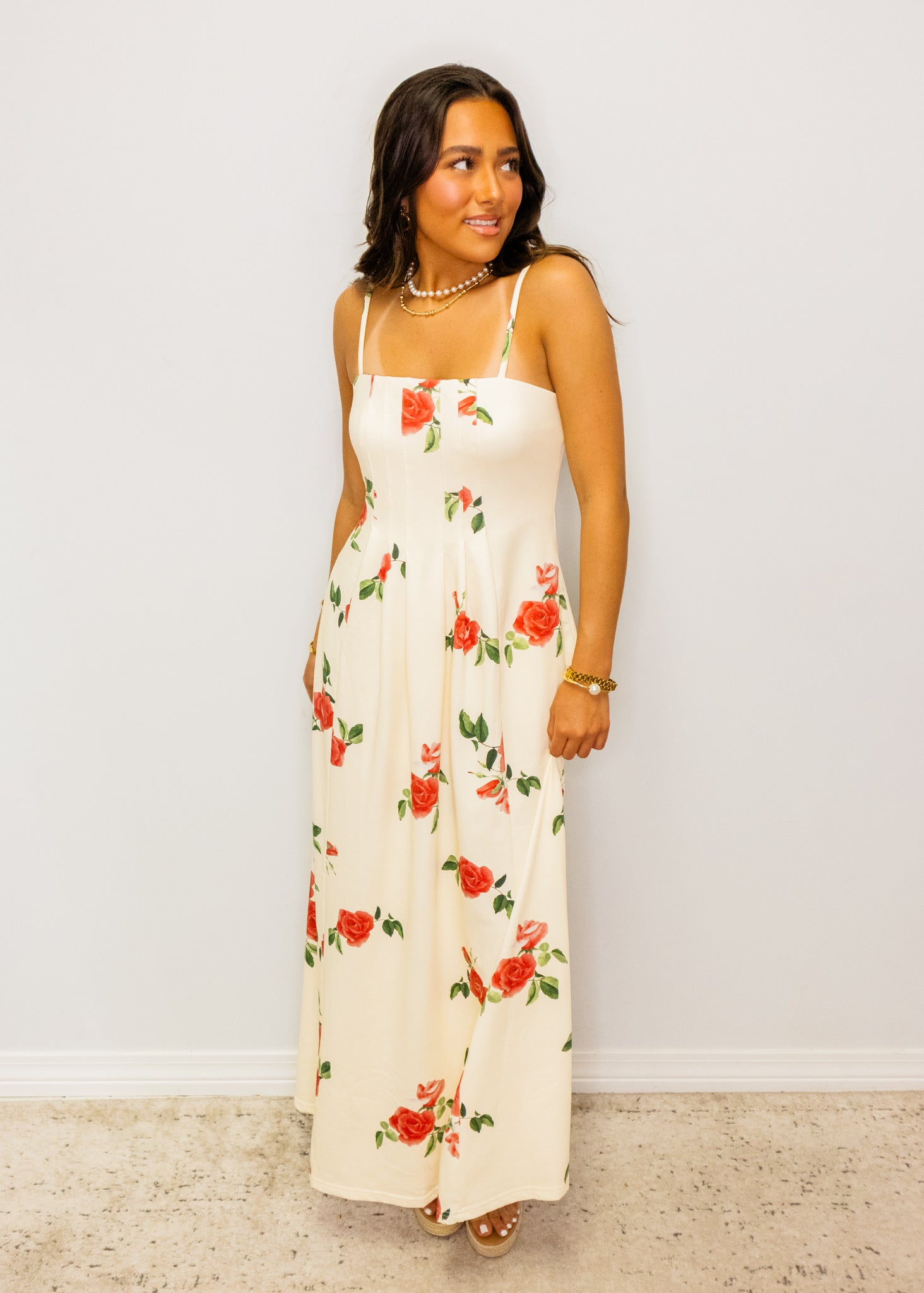 Cream Roses Print Midi Dress