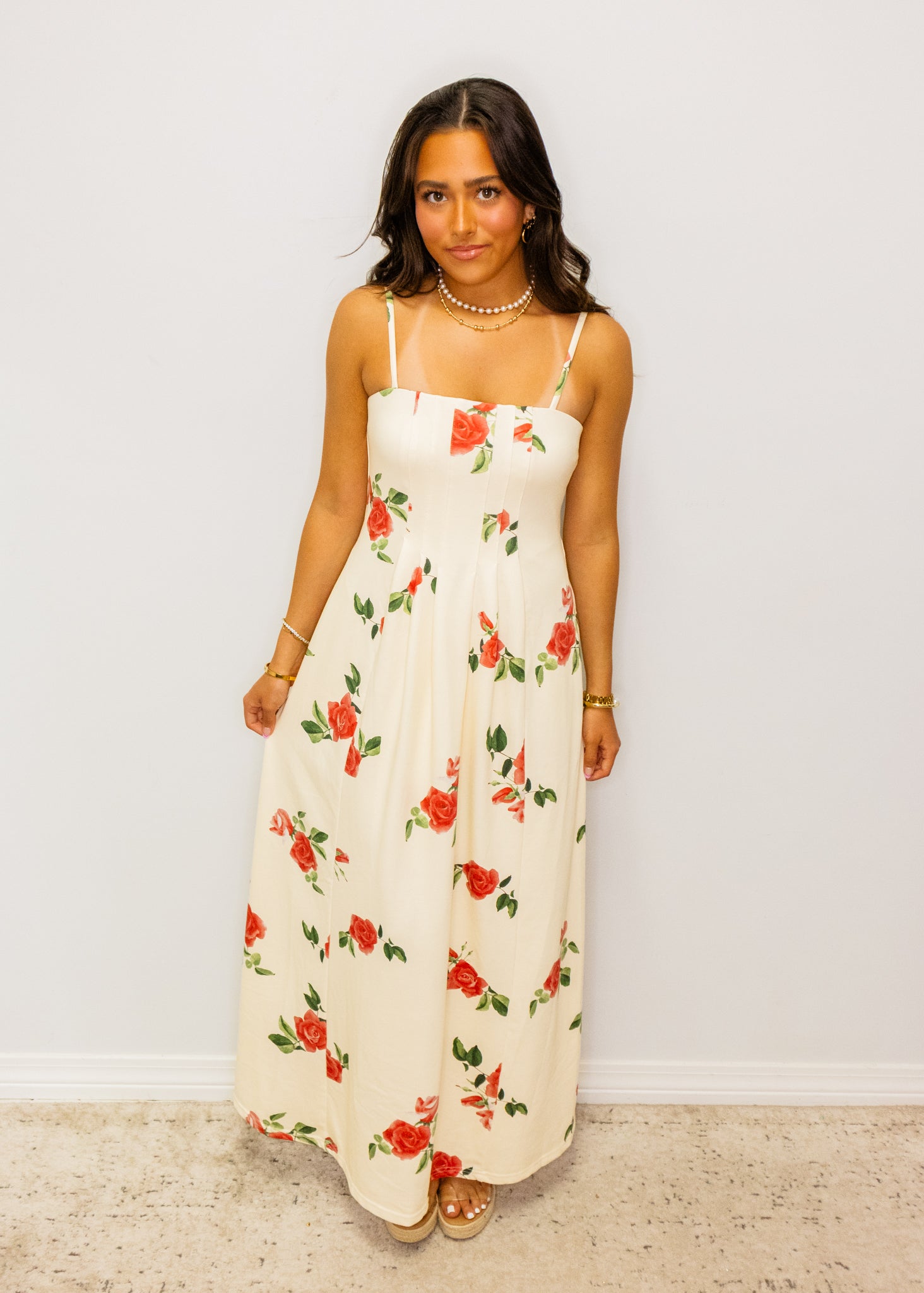 Cream Roses Print Midi Dress