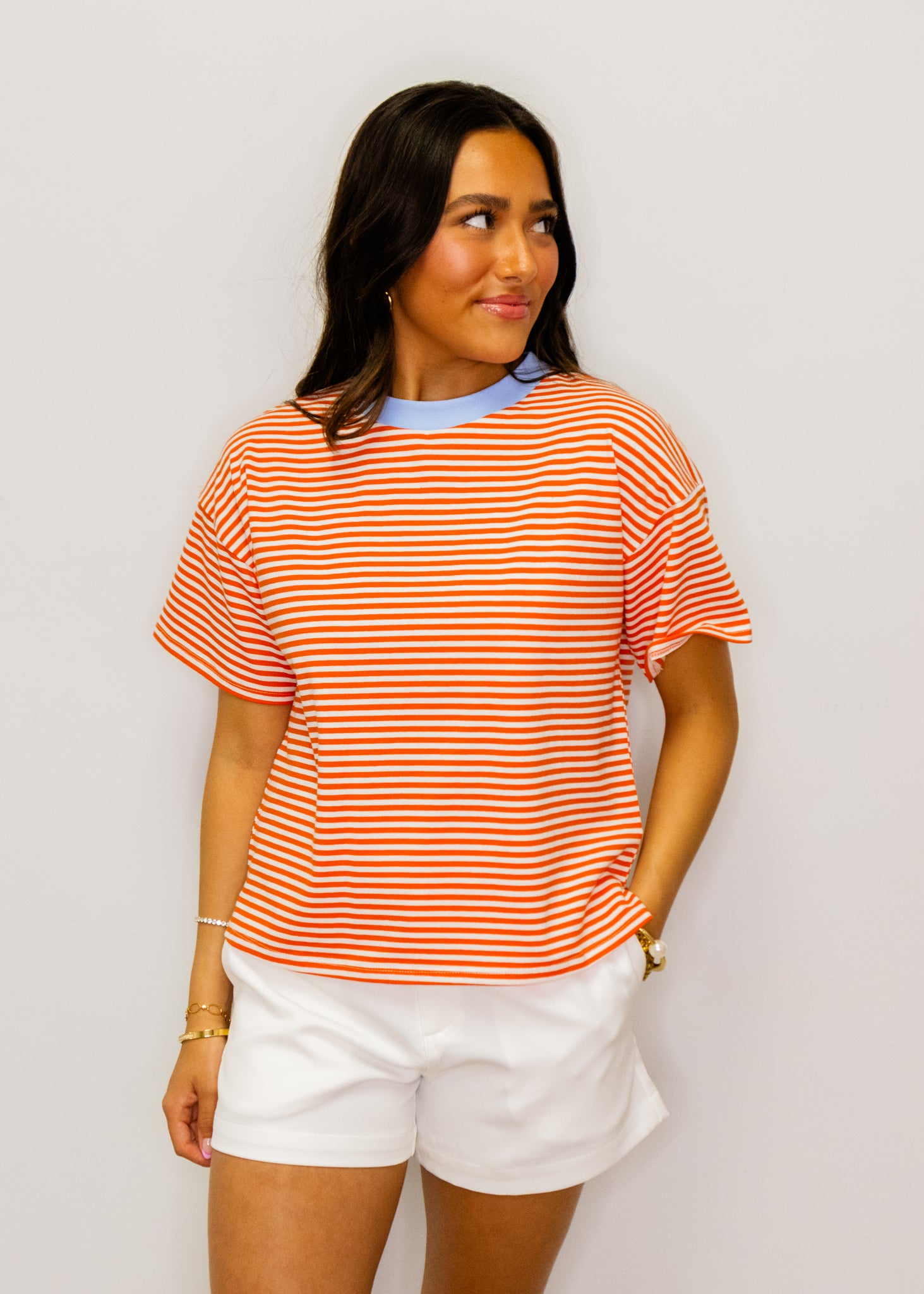 Orange Stripe Contrast Neck Tee