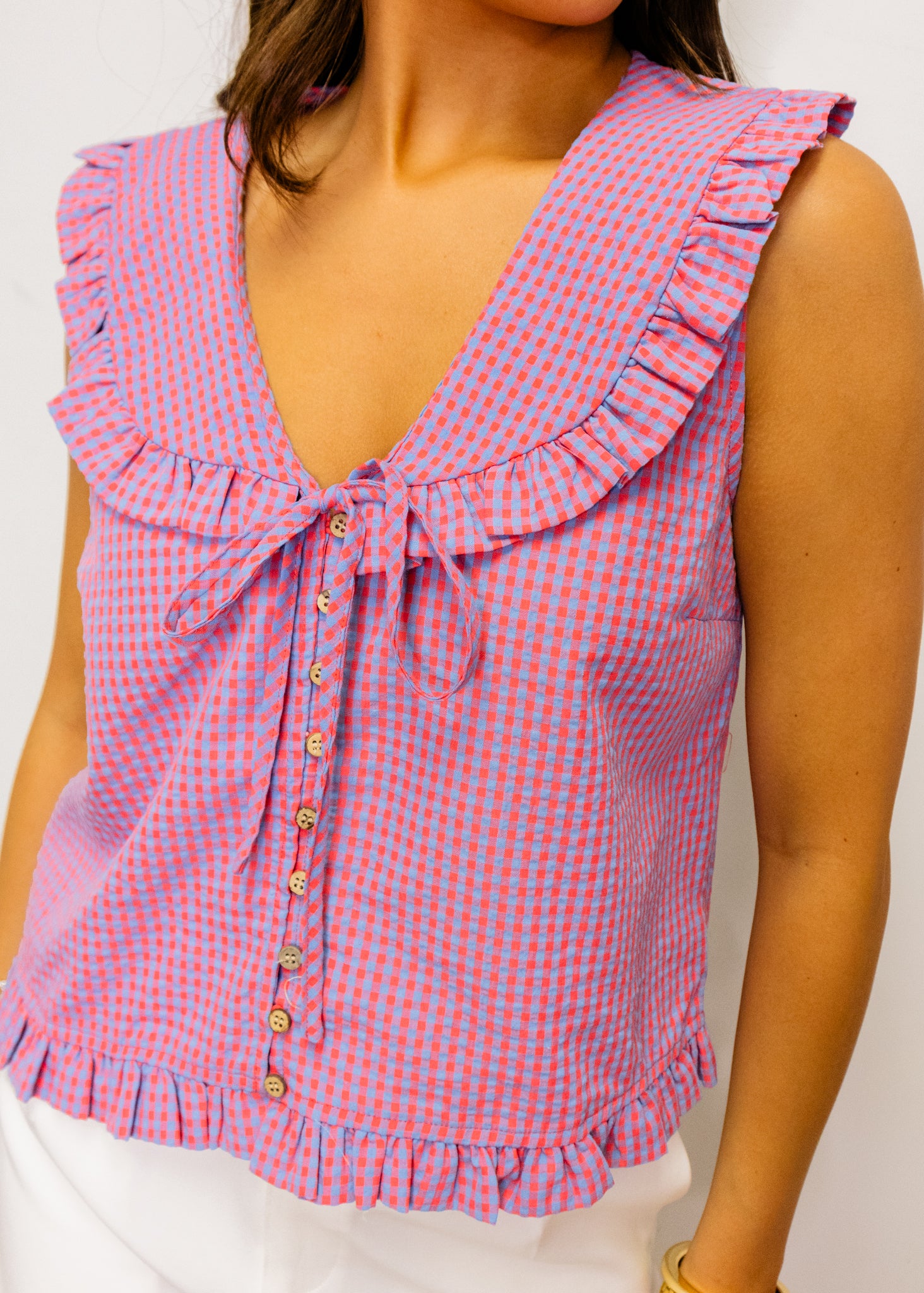 Red & Blue Gingham Button Top