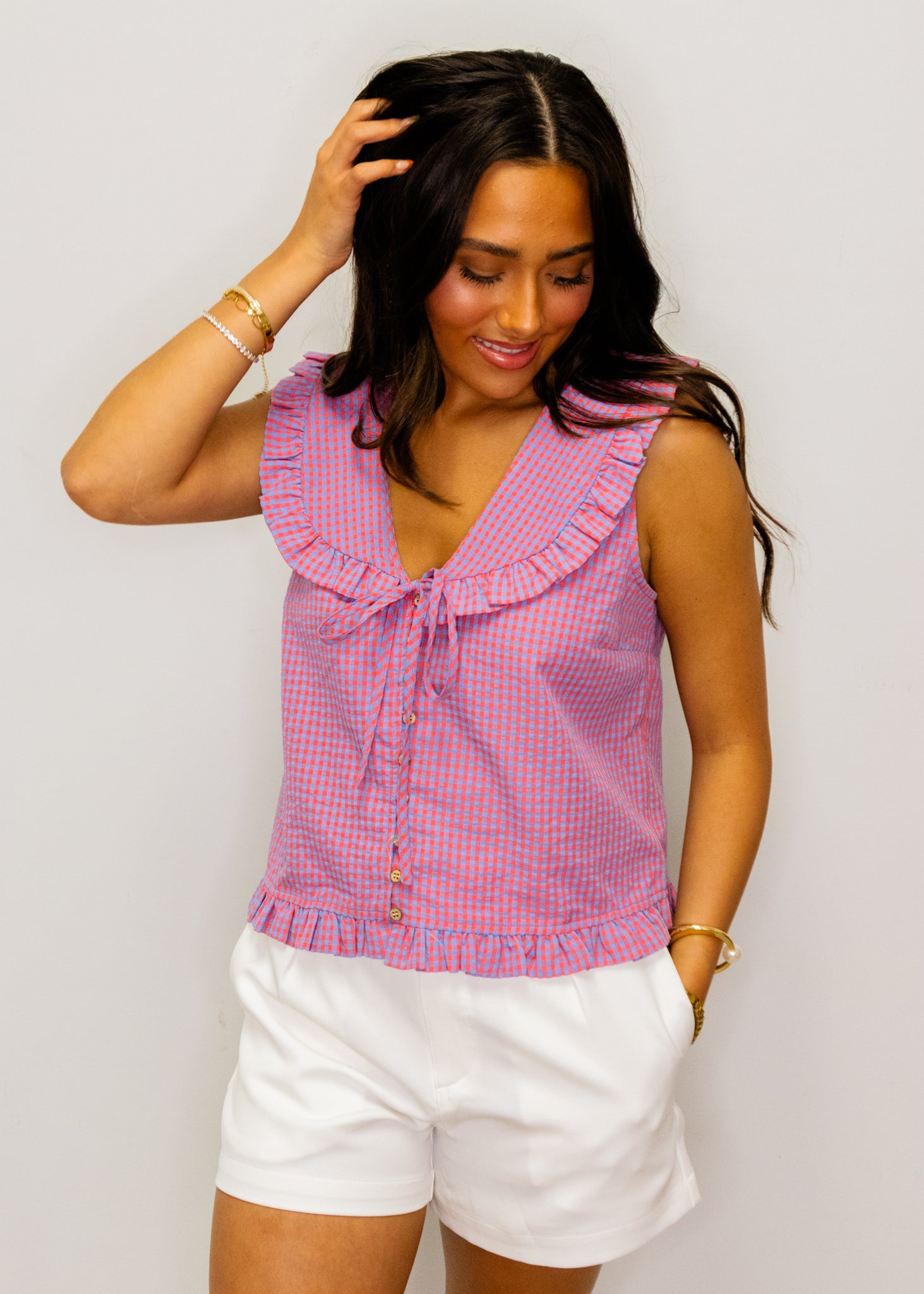 Red & Blue Gingham Button Top