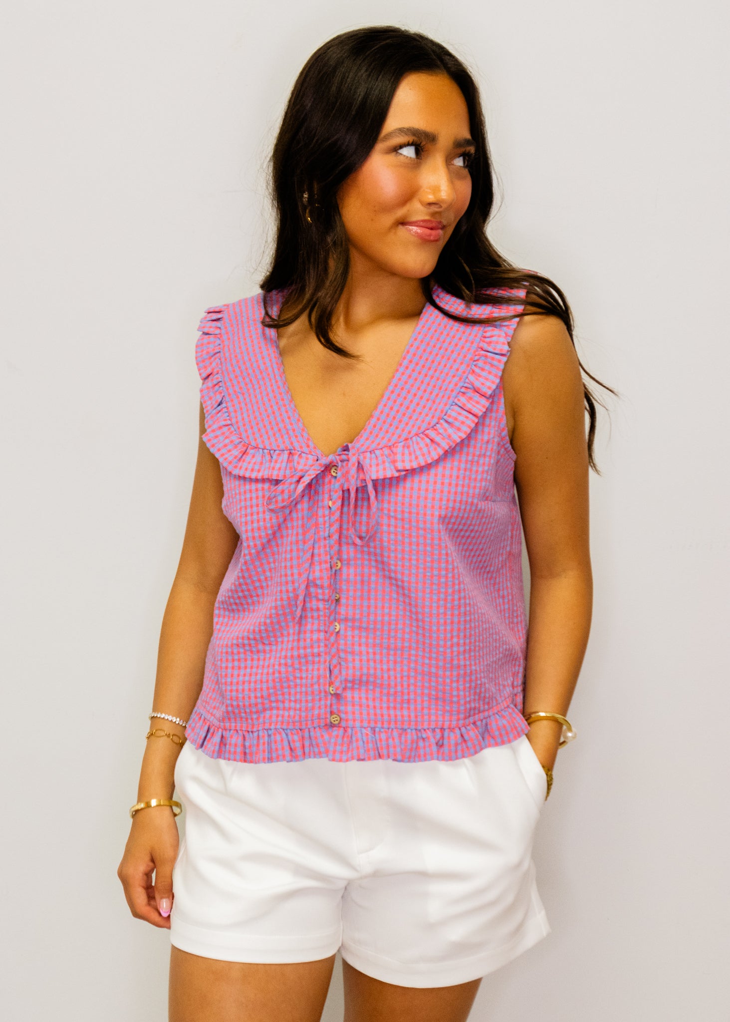 Red & Blue Gingham Button Top