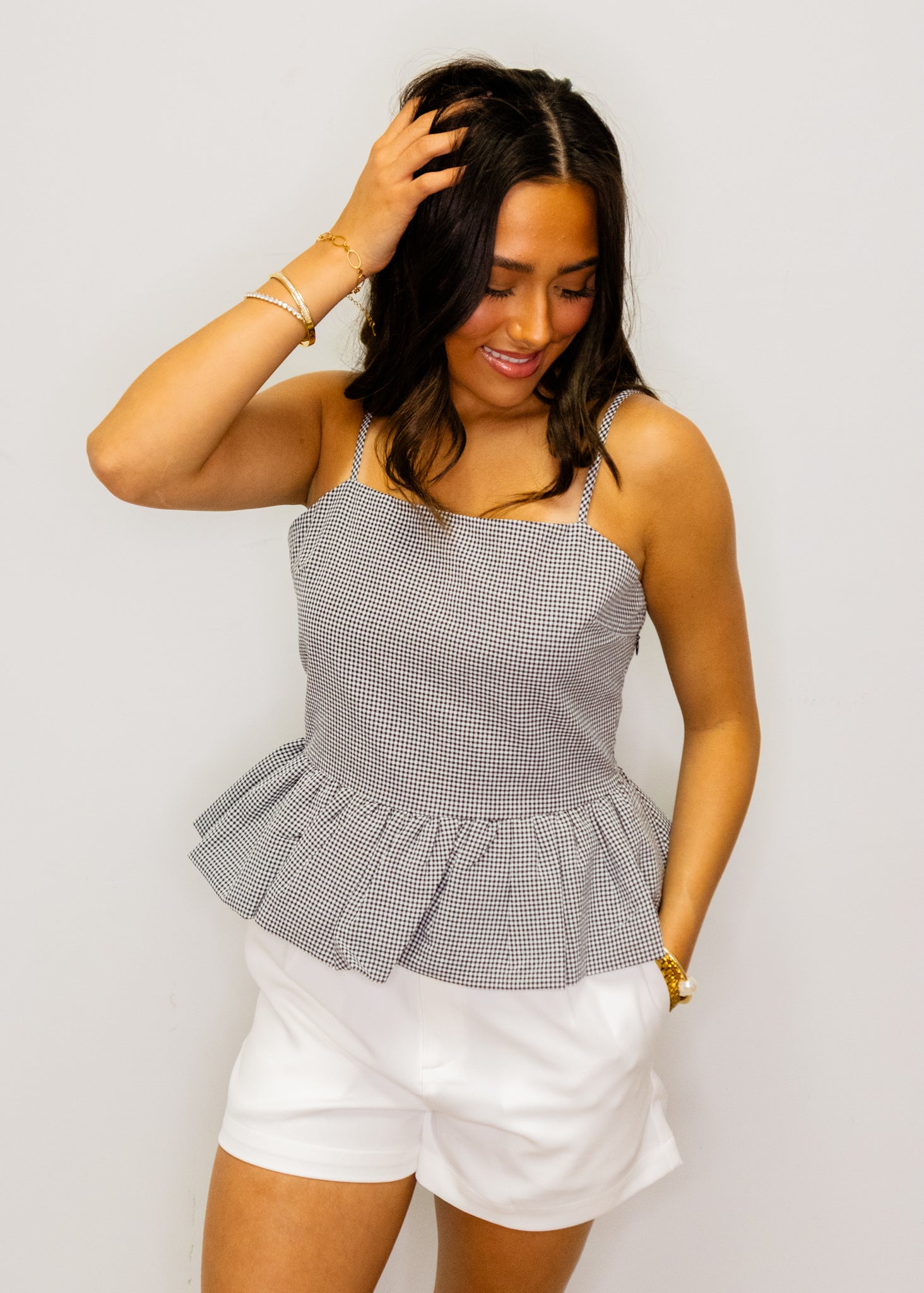 Black Gingham Peplum Top