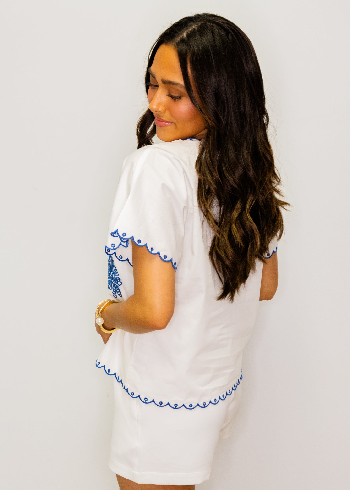 White & Navy Embroidered Scallop Top