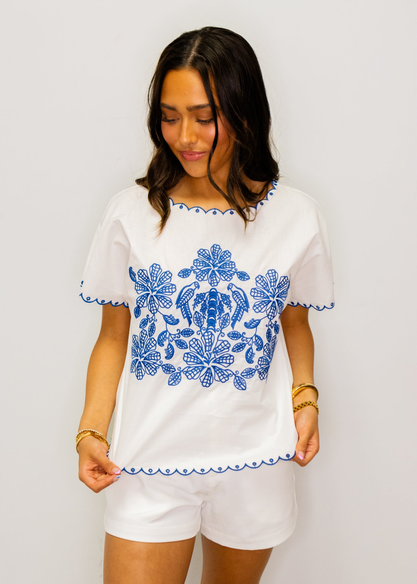 White & Navy Embroidered Scallop Top