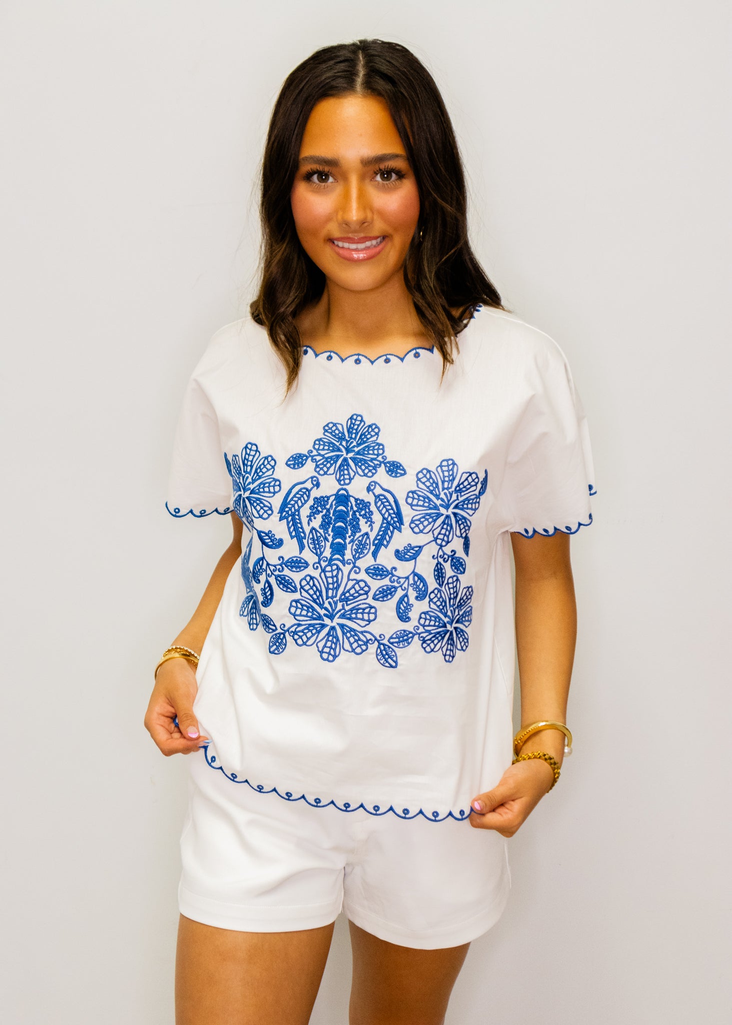 White & Navy Embroidered Scallop Top