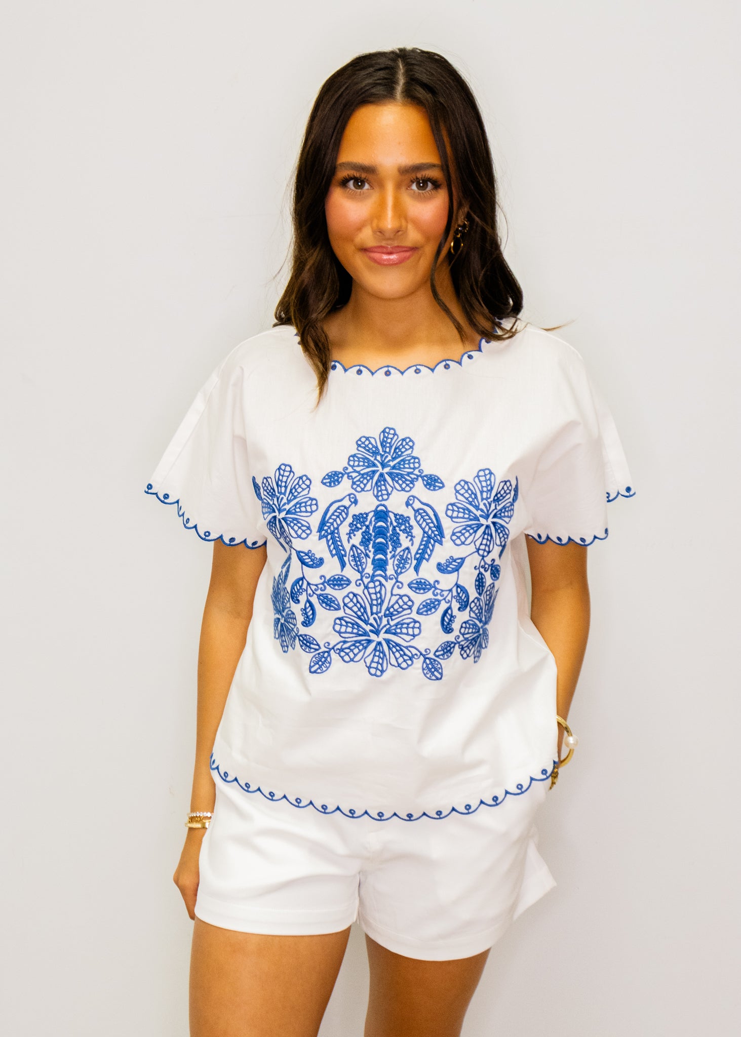 White & Navy Embroidered Scallop Top