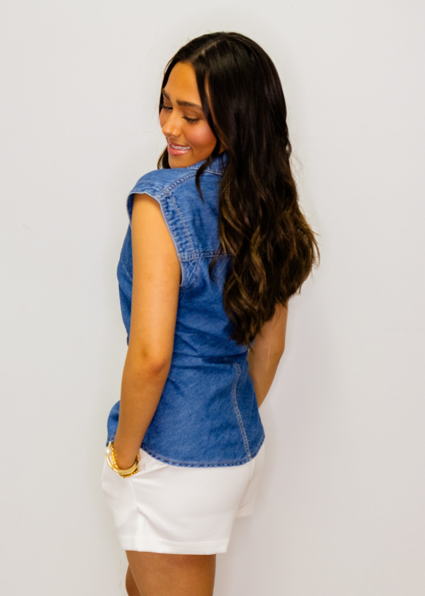 Denim Sleeveless Button-Up Top