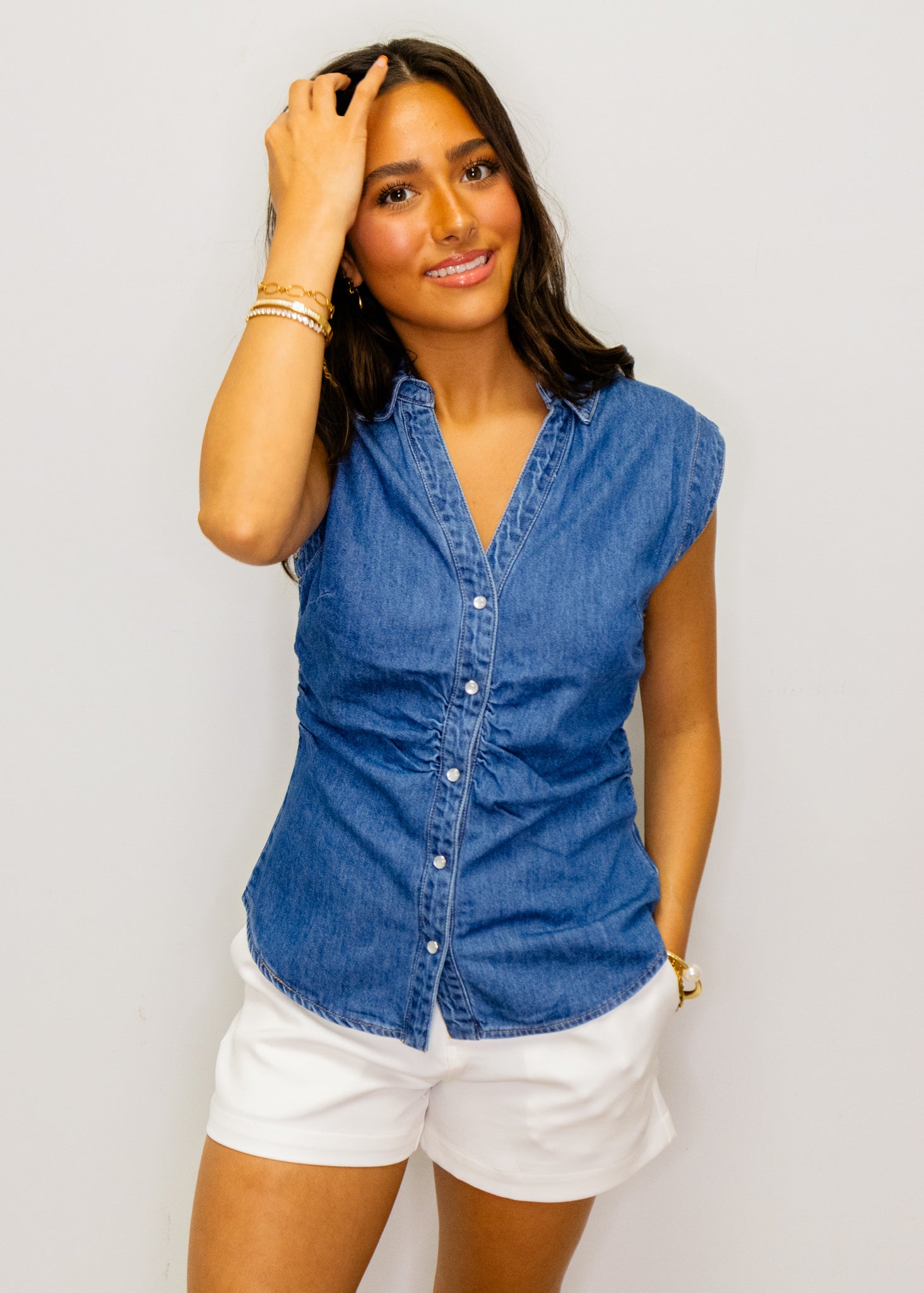 Denim Sleeveless Button-Up Top
