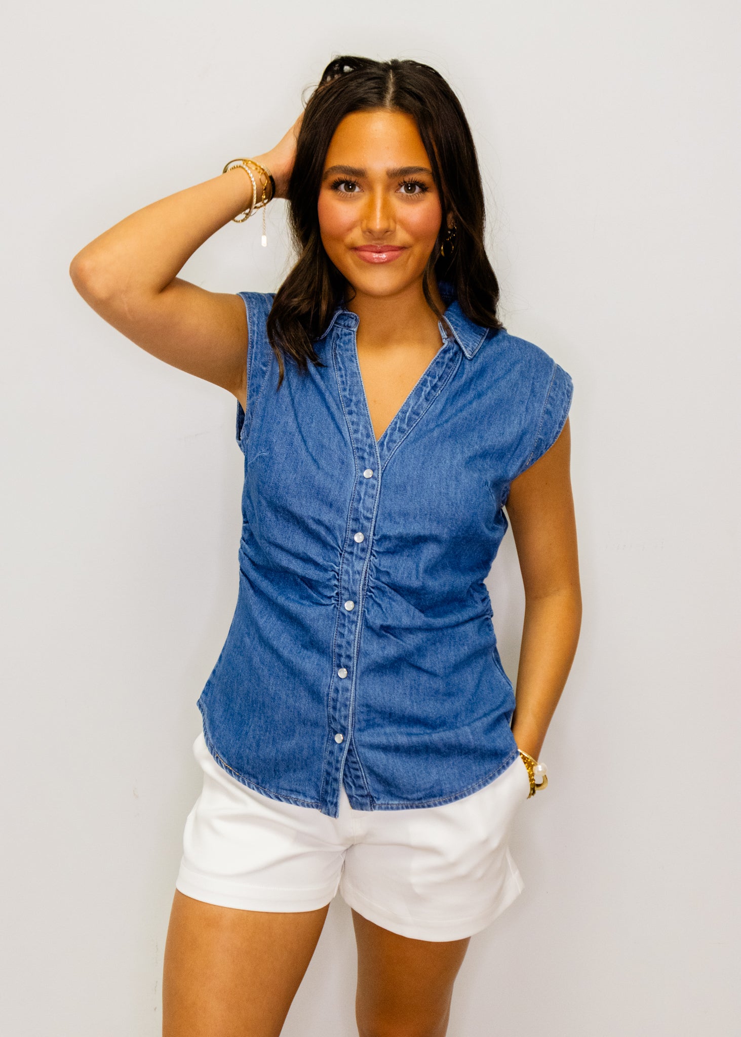 Denim Sleeveless Button-Up Top
