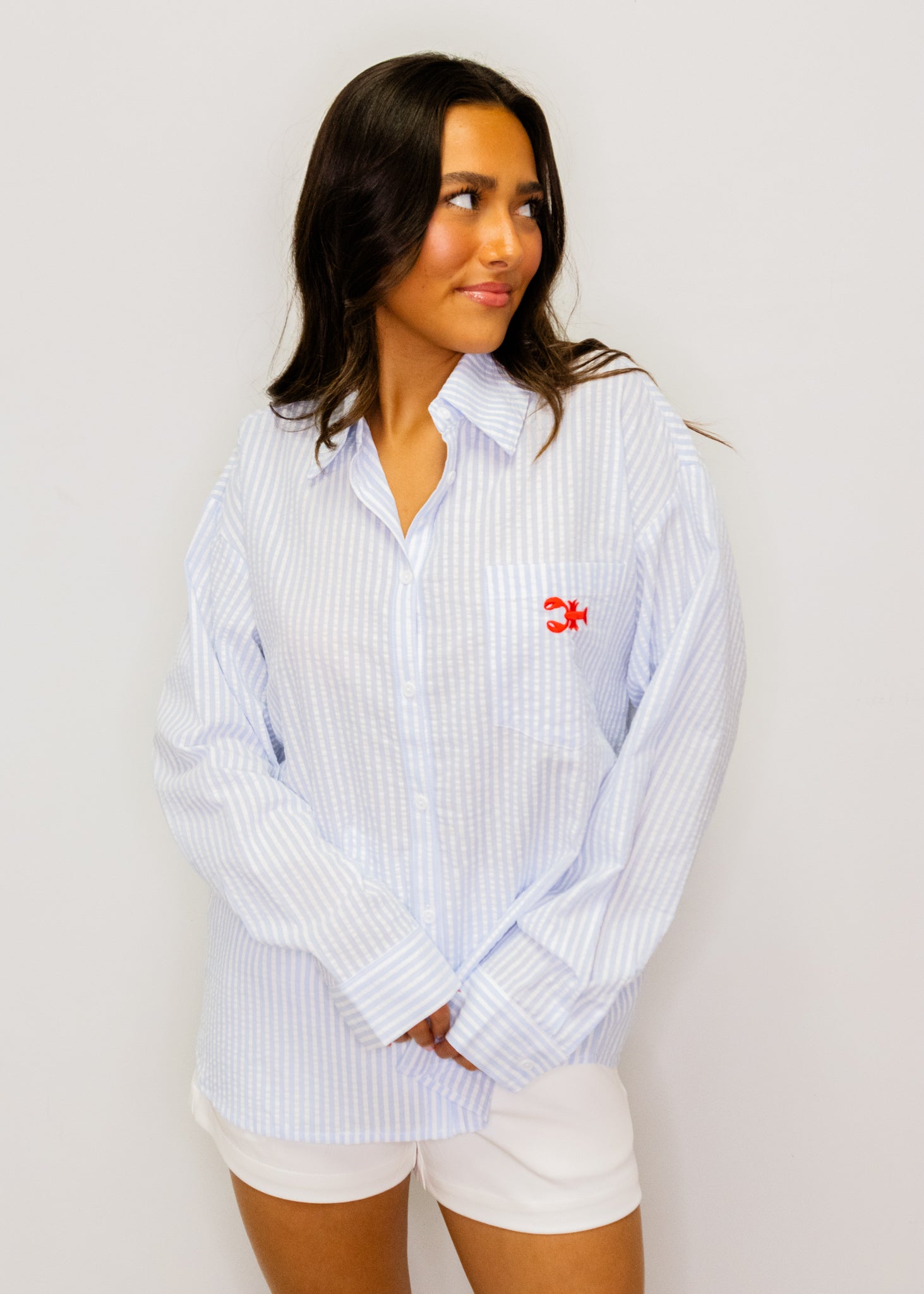 Blue Stripe Crawfish Button Top