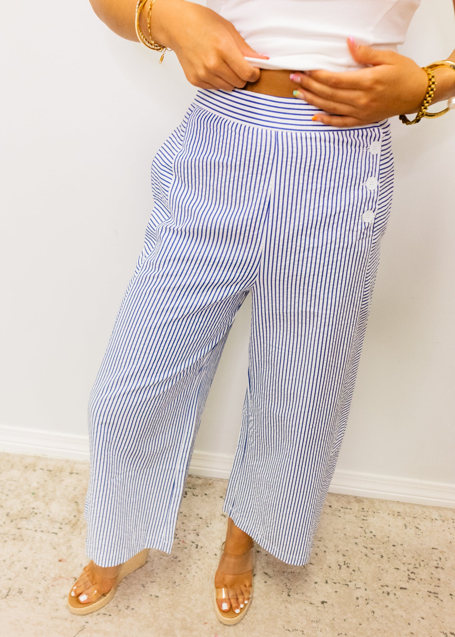 Navy Stripe Seersucker Button Pants
