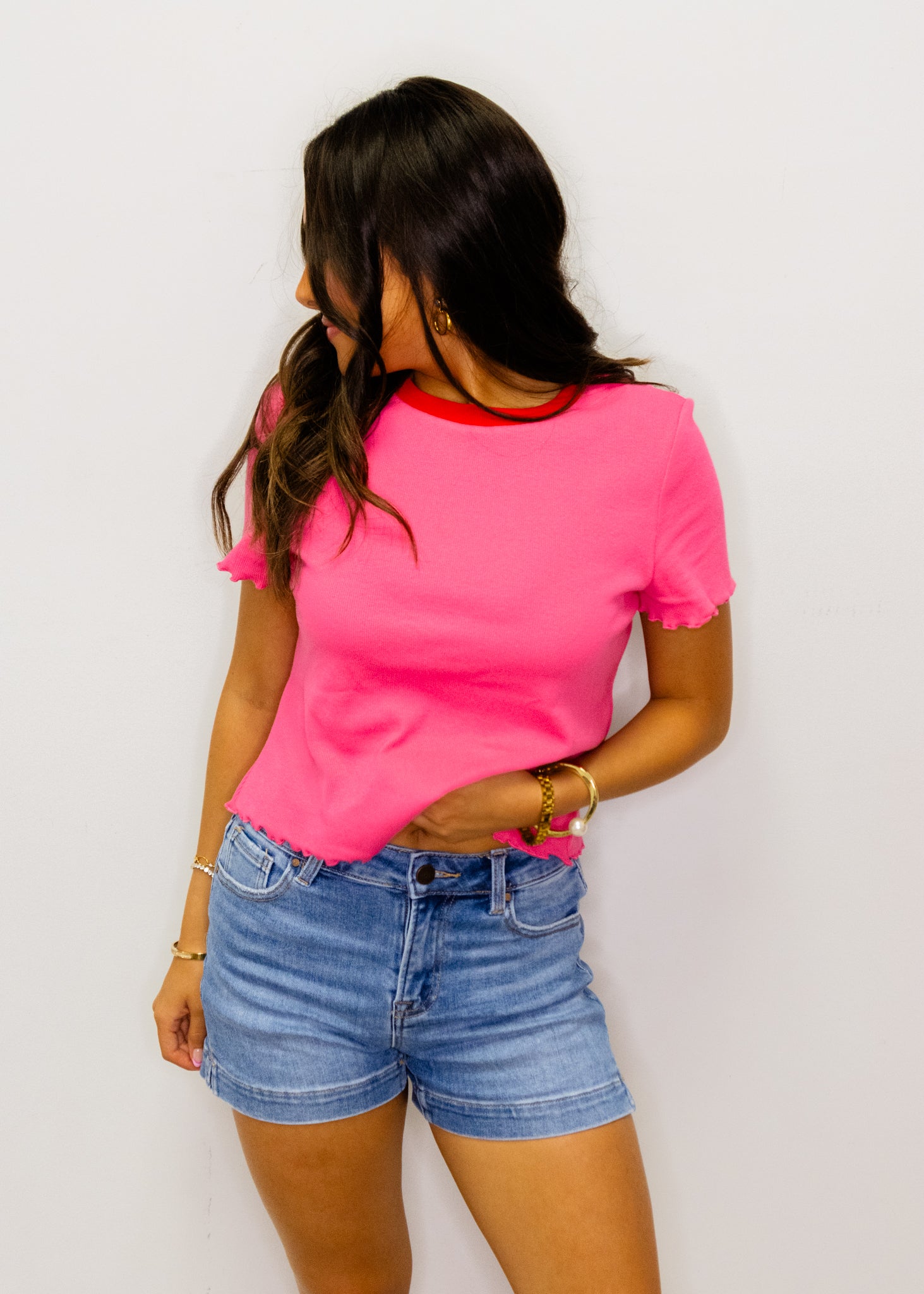 Pink Contrast Neck Lettuce Hem Top