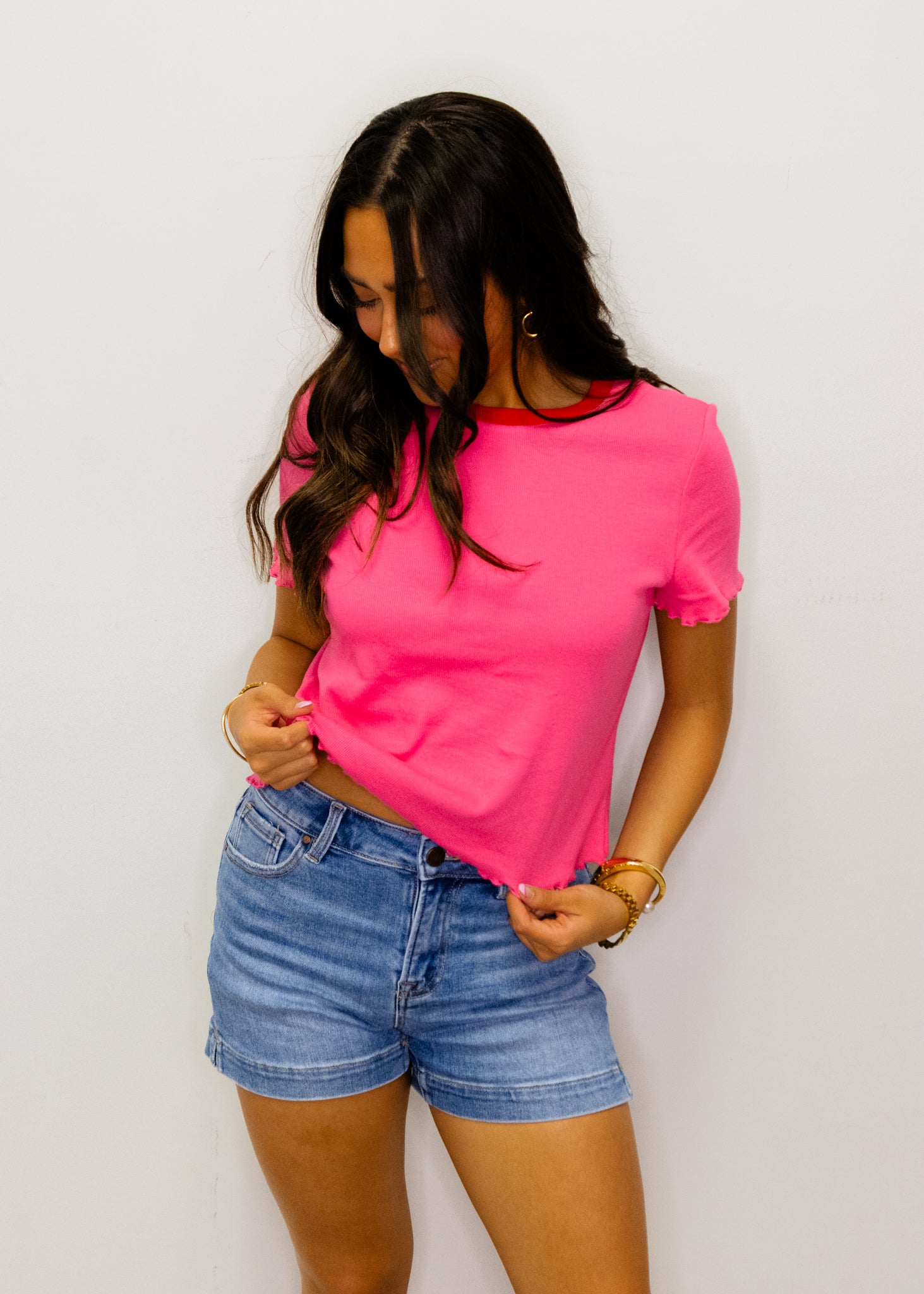 Pink Contrast Neck Lettuce Hem Top