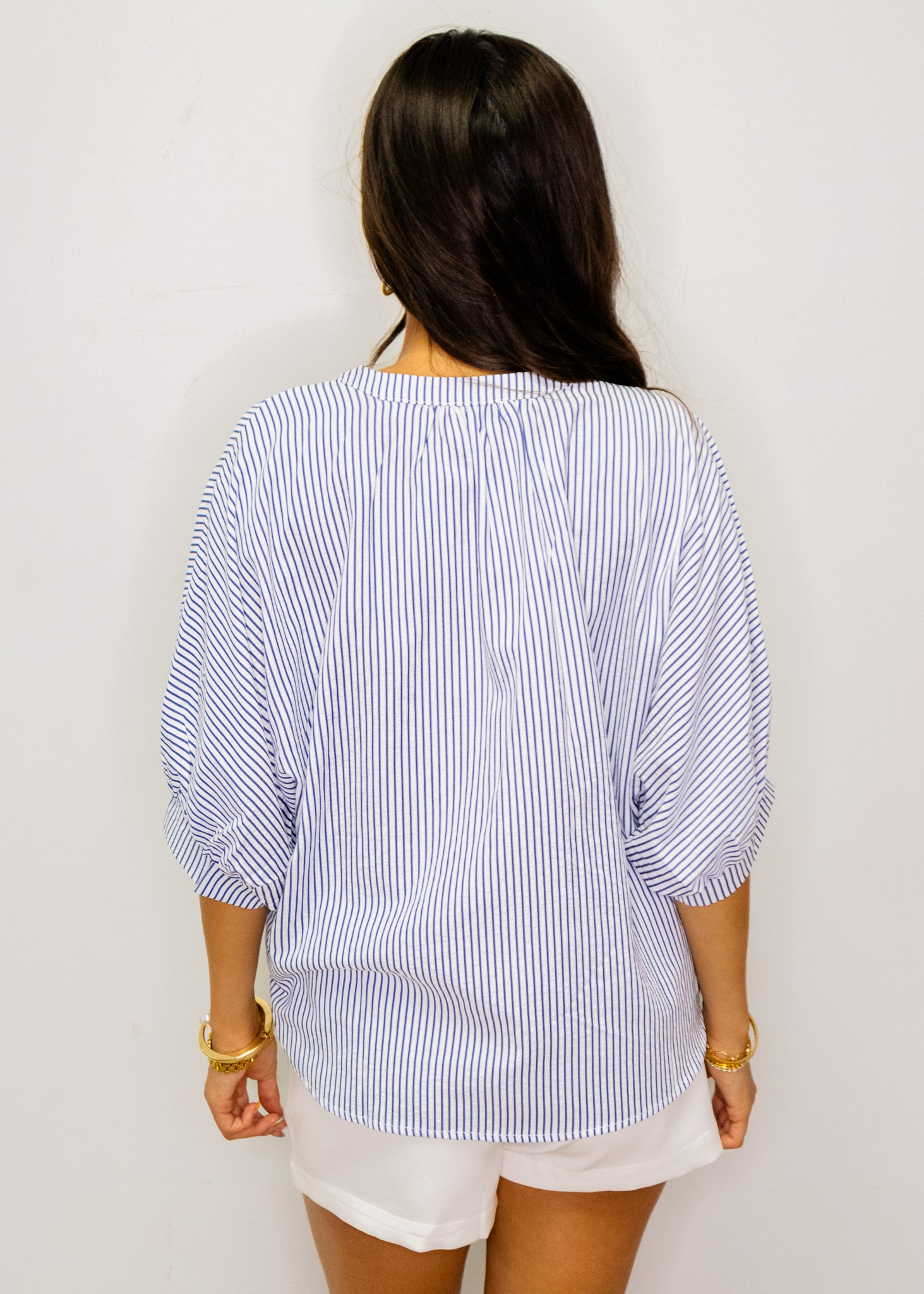Navy Seersucker Dolman Button Top