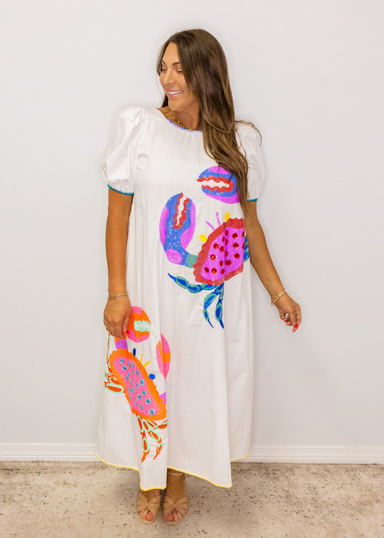 White Tie Back Multi Crab Cotton Midi Dress