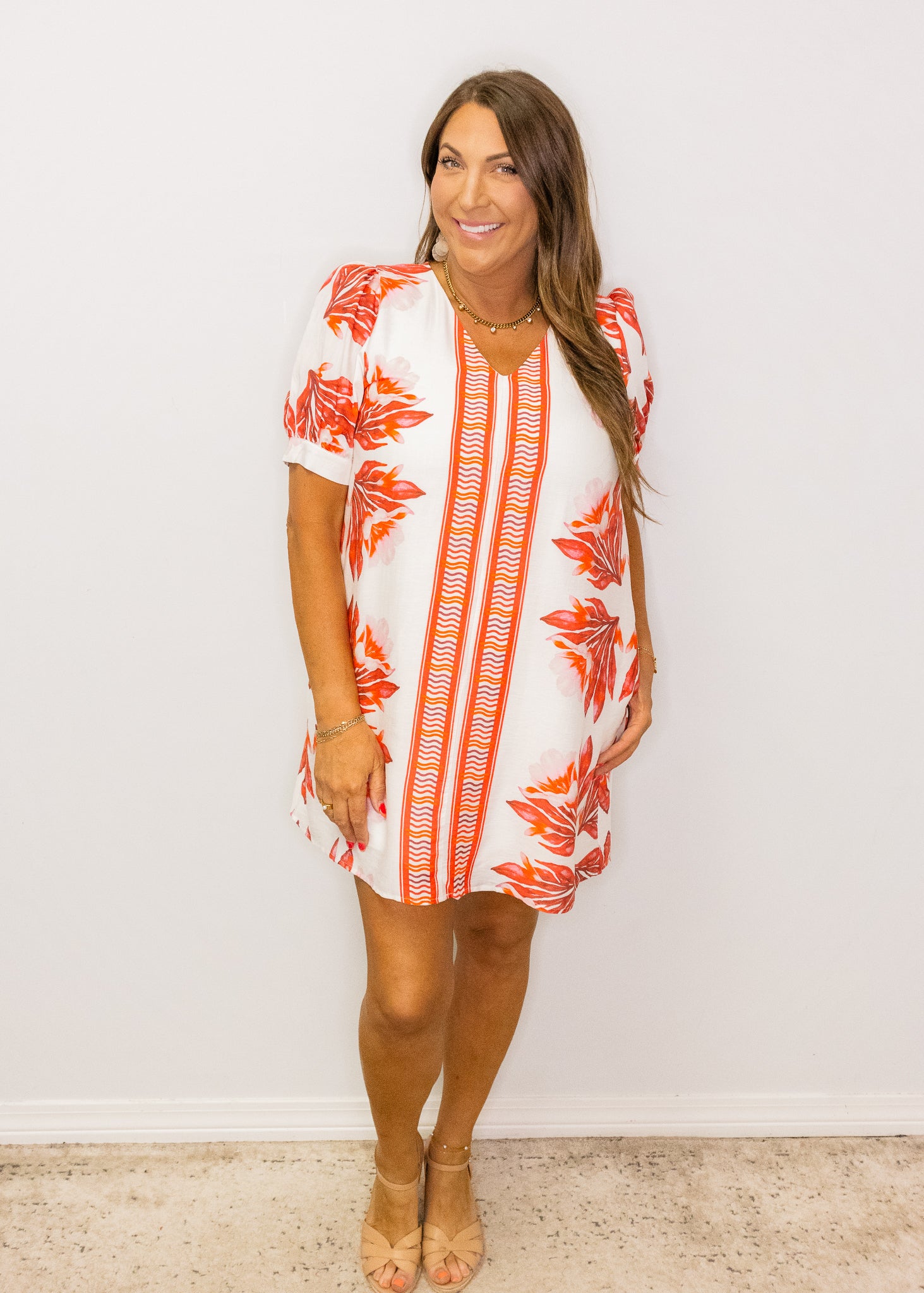 Red Leaf Print Shift Dress