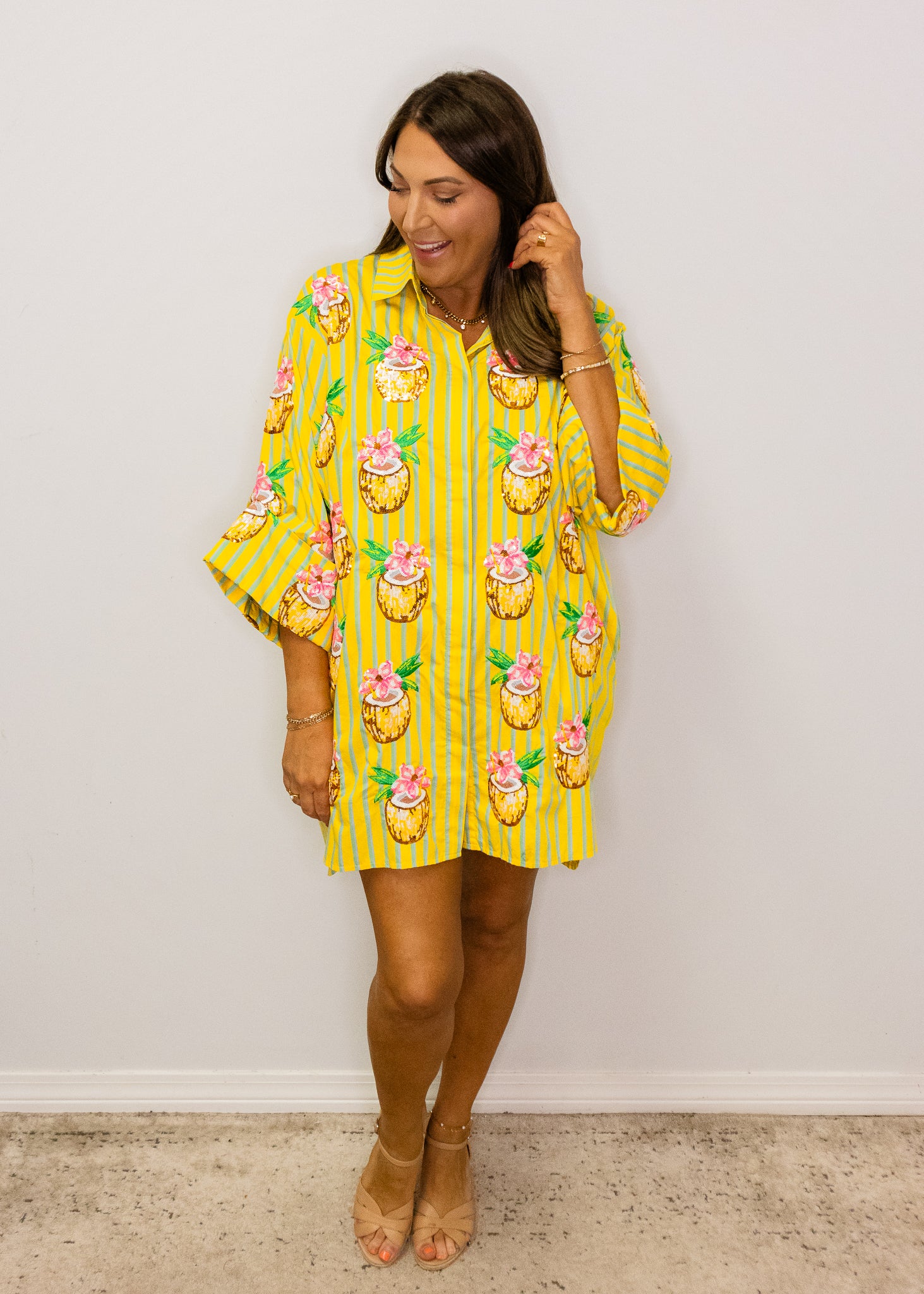 Yellow Striped Coconut Drink Button Up Cotton Tunic