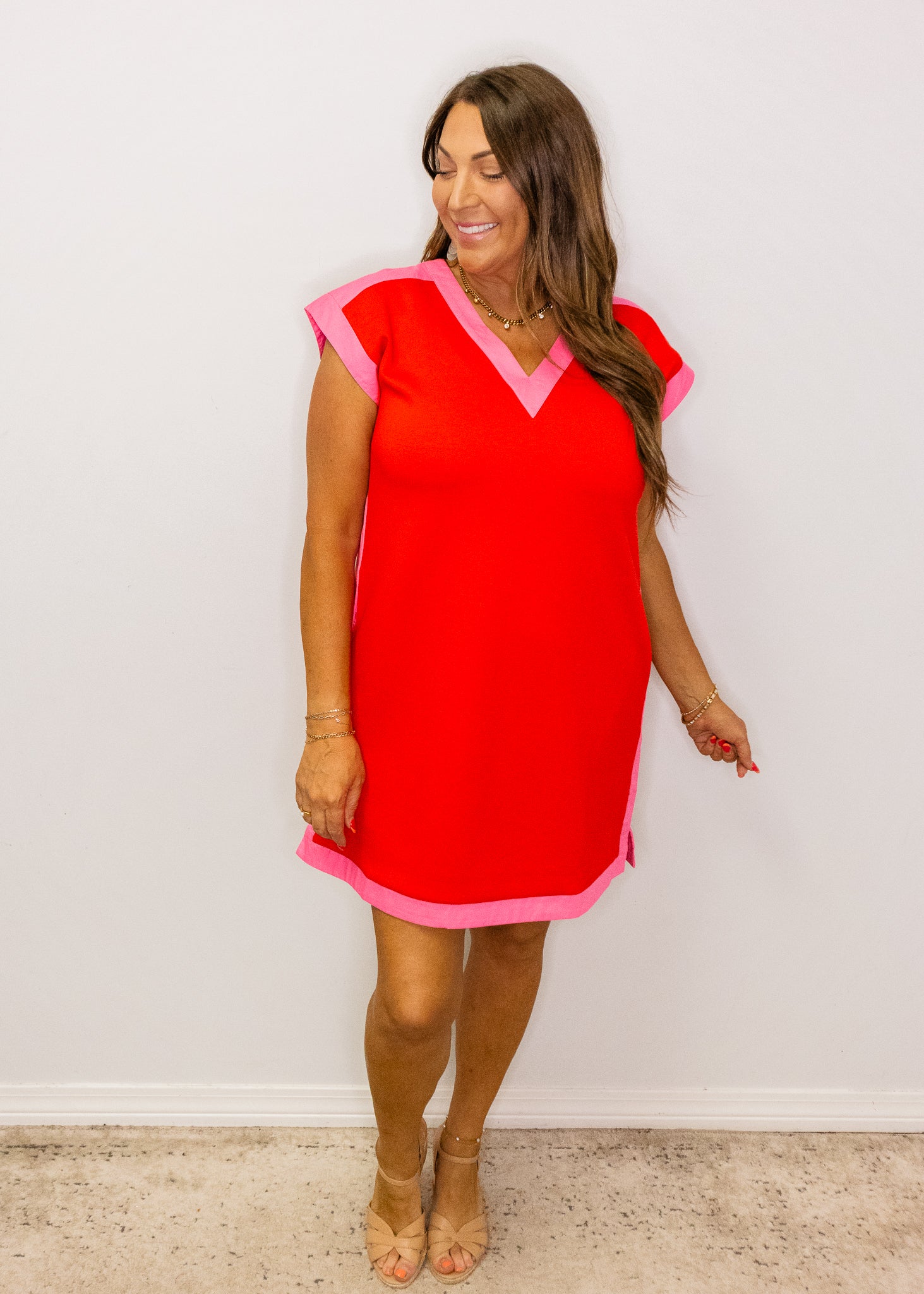 Red & Fuchsia Contrast V-Neck Dress