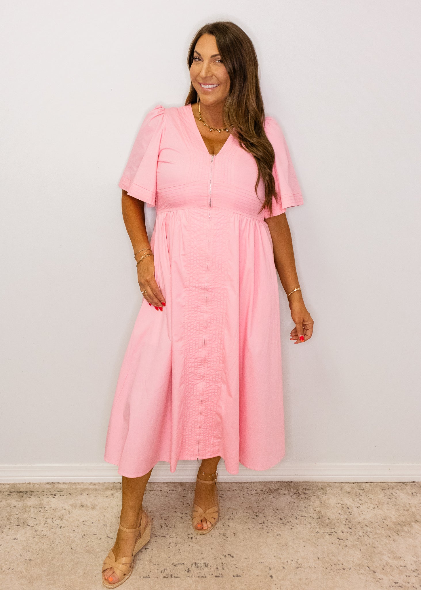Pink Solid Zip Front Midi Dress