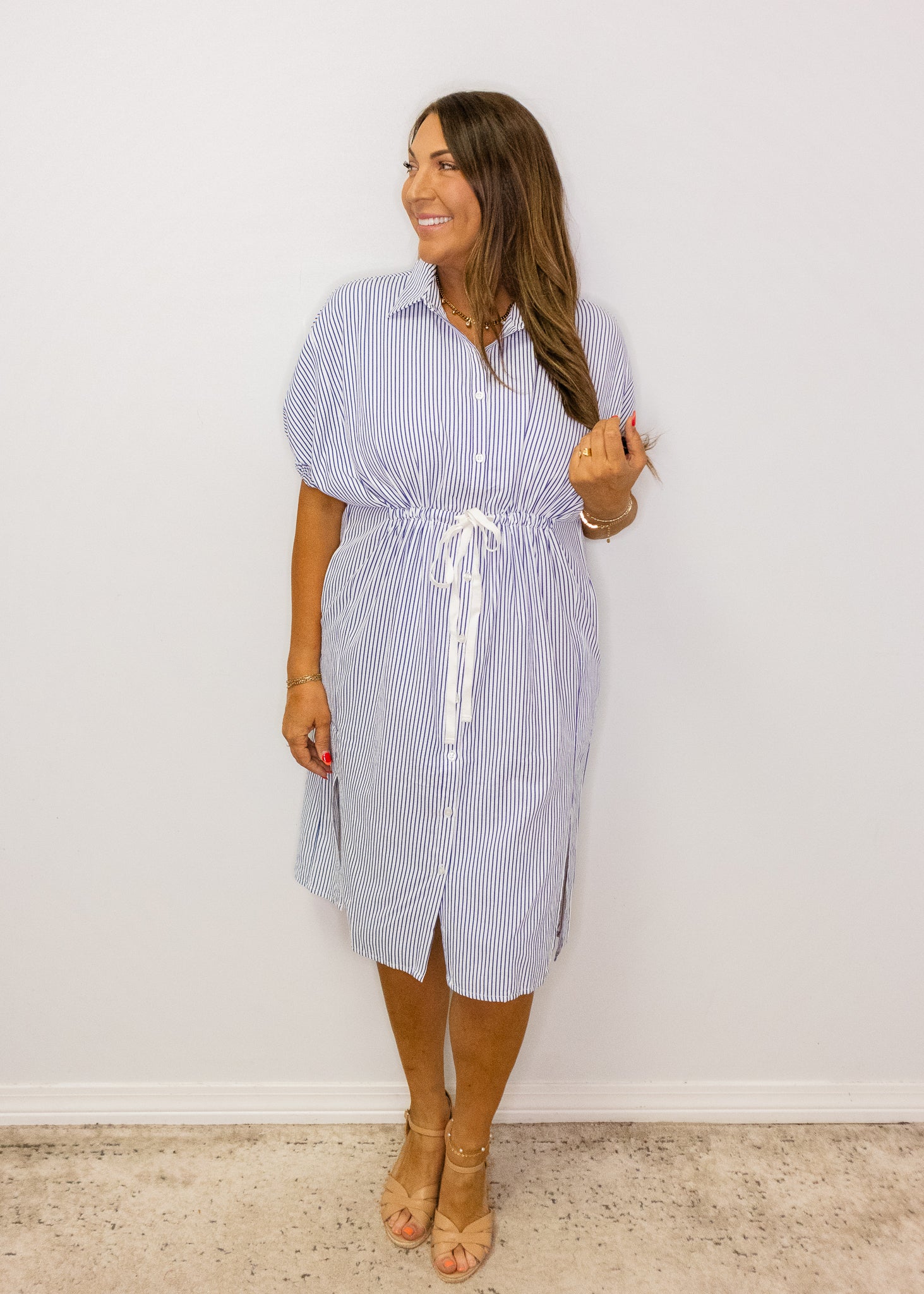 Navy Stripe Tie Midi Dress