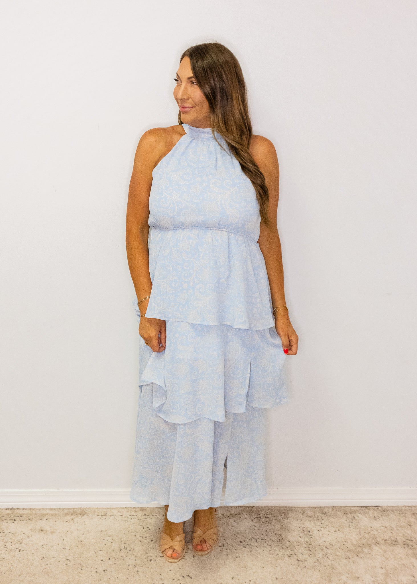 Blue Paisley Ruffle Midi Dress