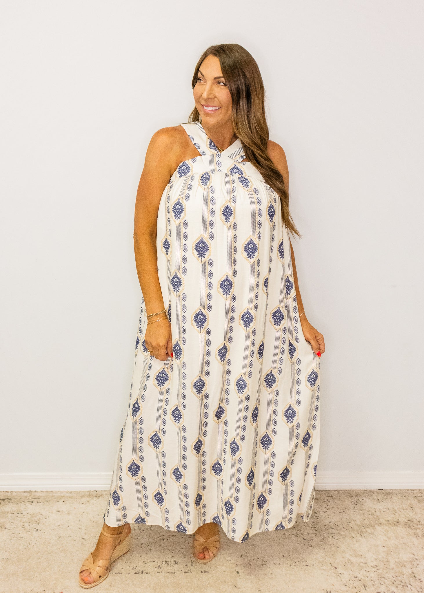 Navy Print Halter Maxi Dress
