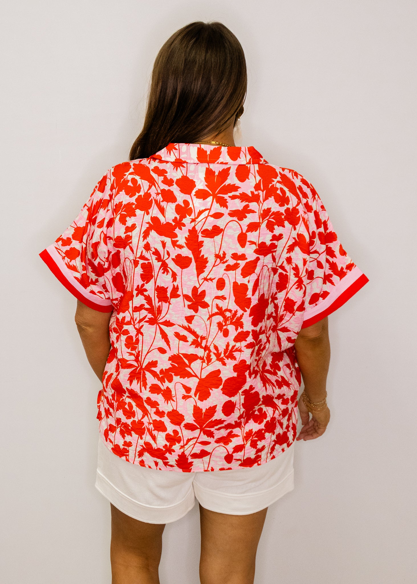 Red Print Contrast Banded Top