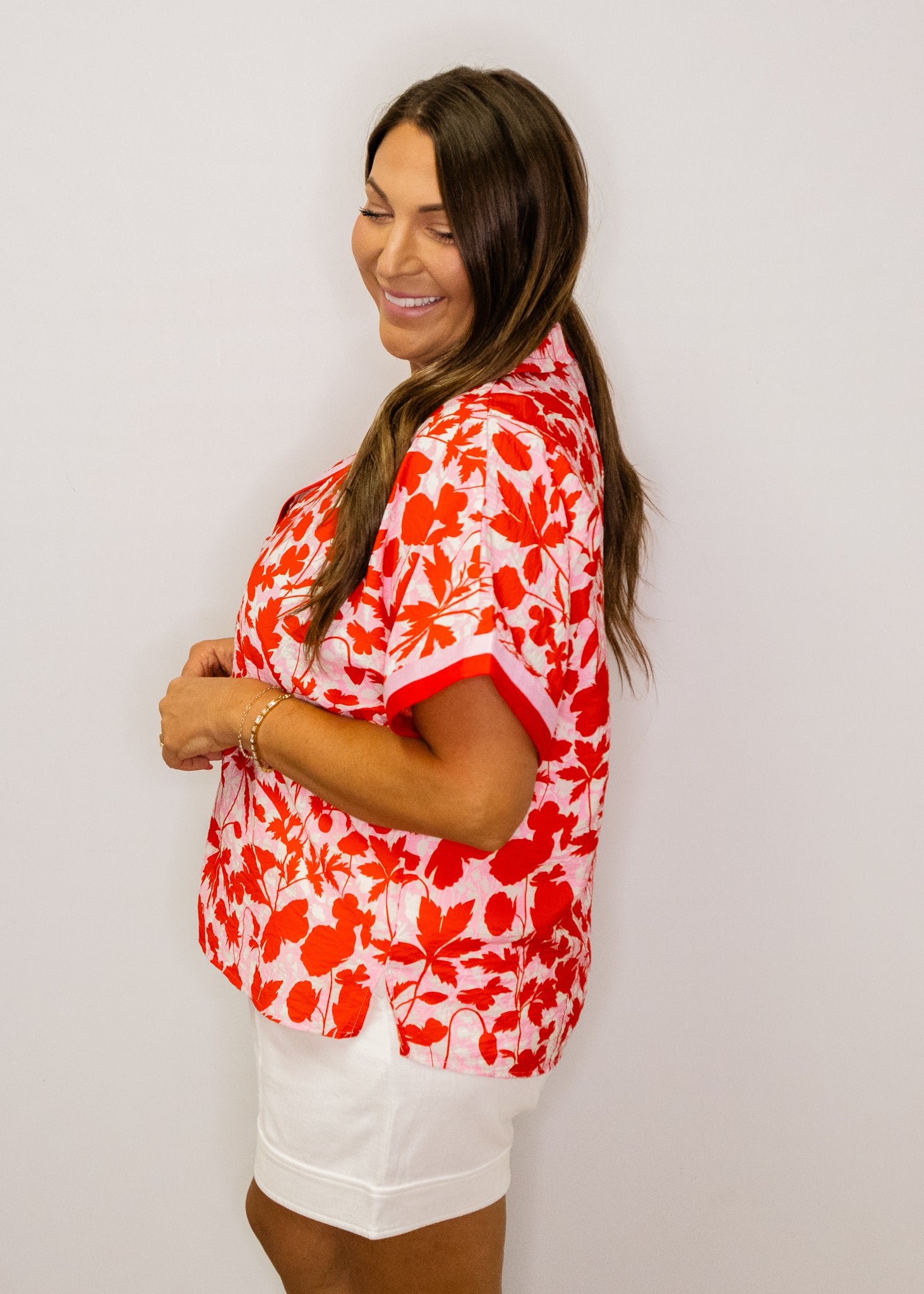 Red Print Contrast Banded Top