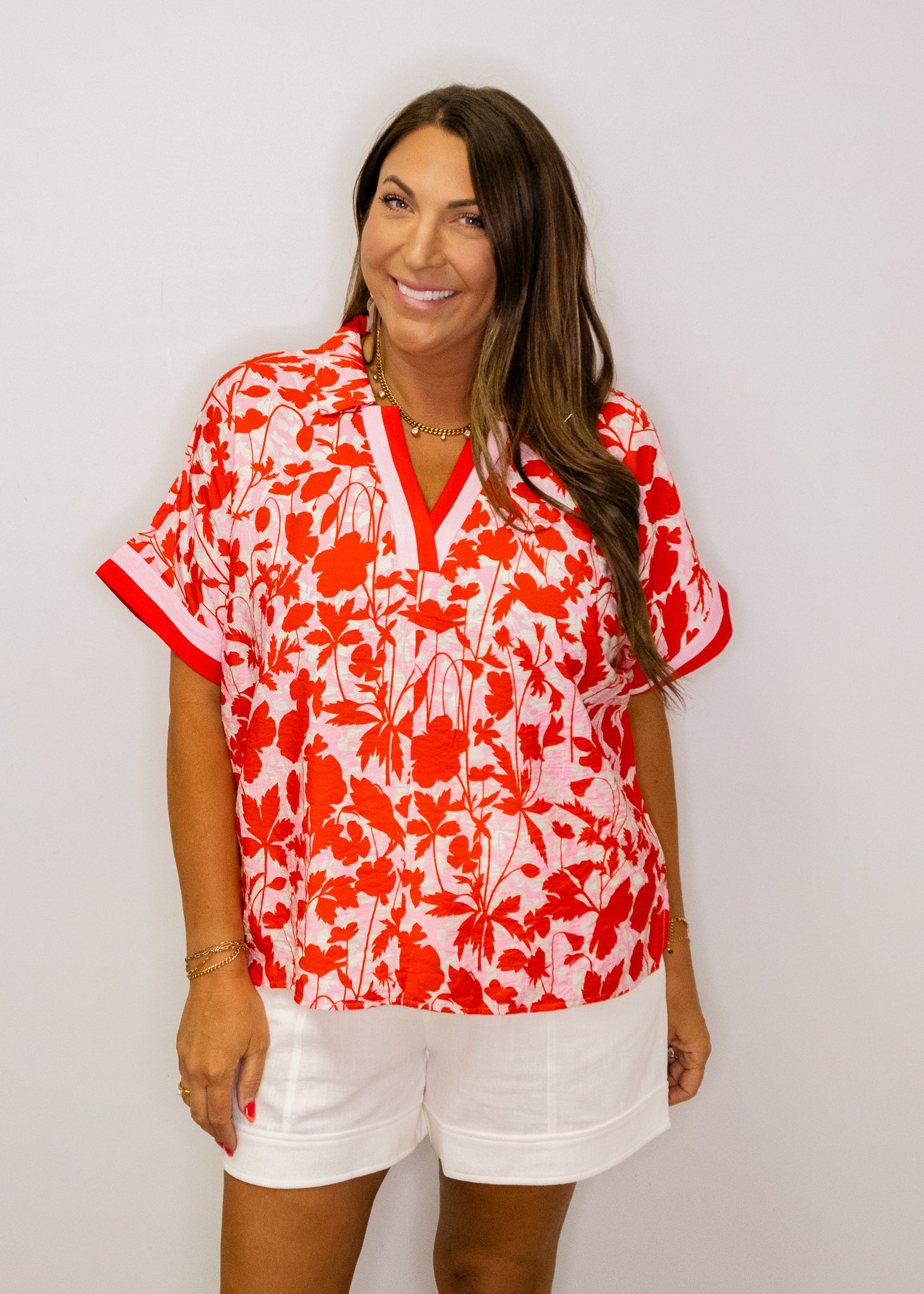 Red Print Contrast Banded Top